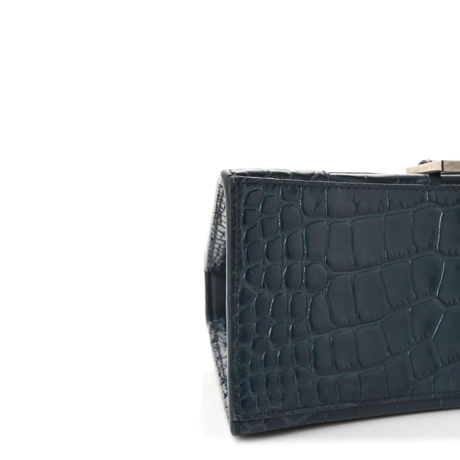 Shiny Calfskin Crocodile Embossed Small Hourglass Top Handle Bag Dark Petrol Blue - Image 8