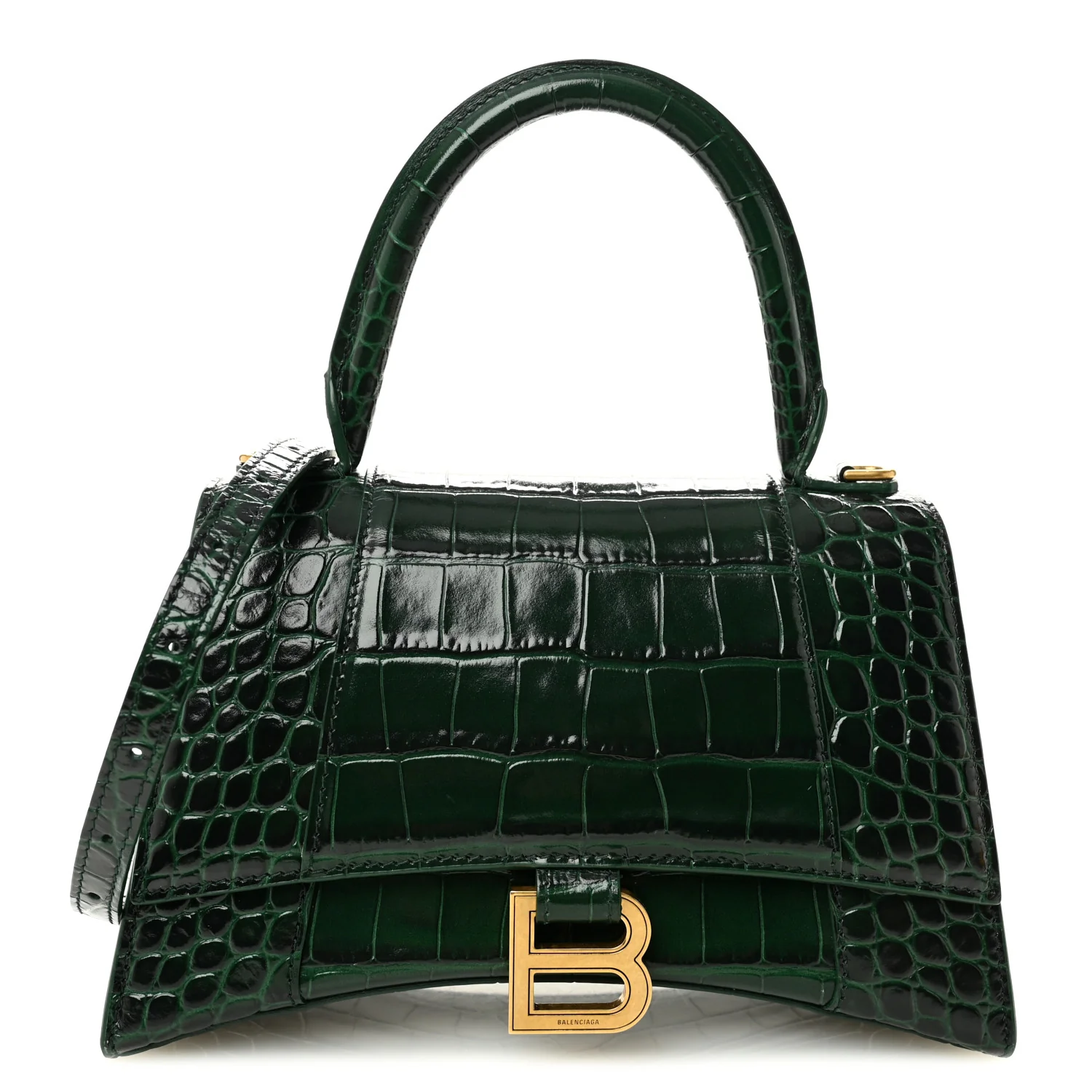 Shiny Calfskin Crocodile Embossed Small Hourglass Top Handle Bag Forest Green