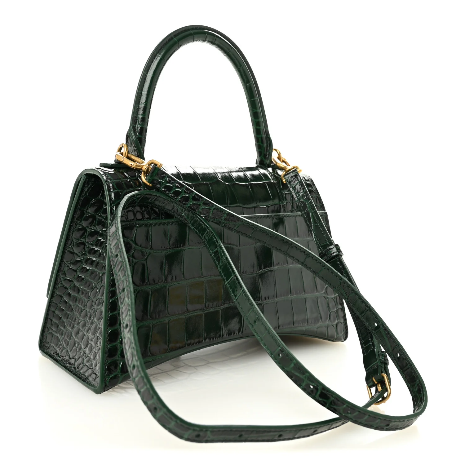 Shiny Calfskin Crocodile Embossed Small Hourglass Top Handle Bag Forest Green - Image 3