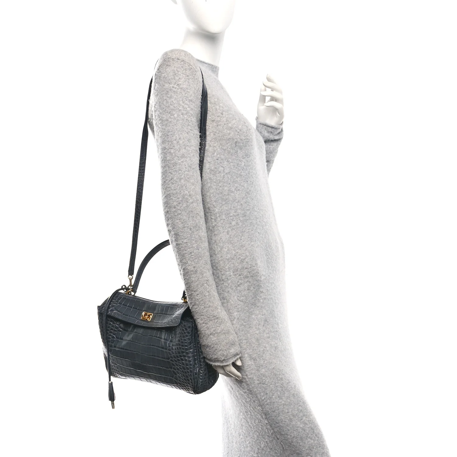 Shiny Calfskin Crocodile Embossed Small Rodeo Top Handle Handbag Grey - Image 2