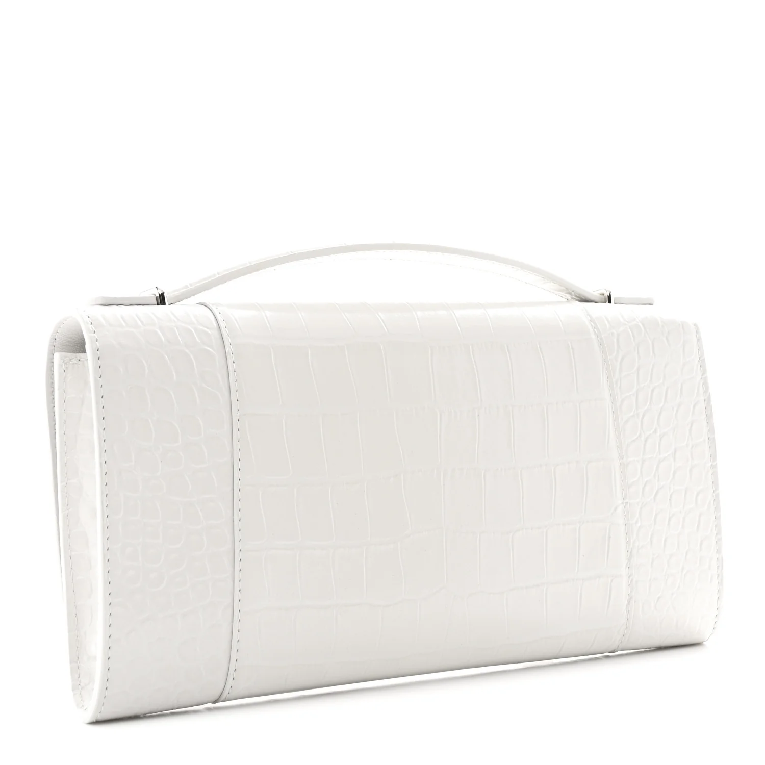 Shiny Calfskin Crocodile Embossed Top Handle Hourglass Clutch White - Image 3