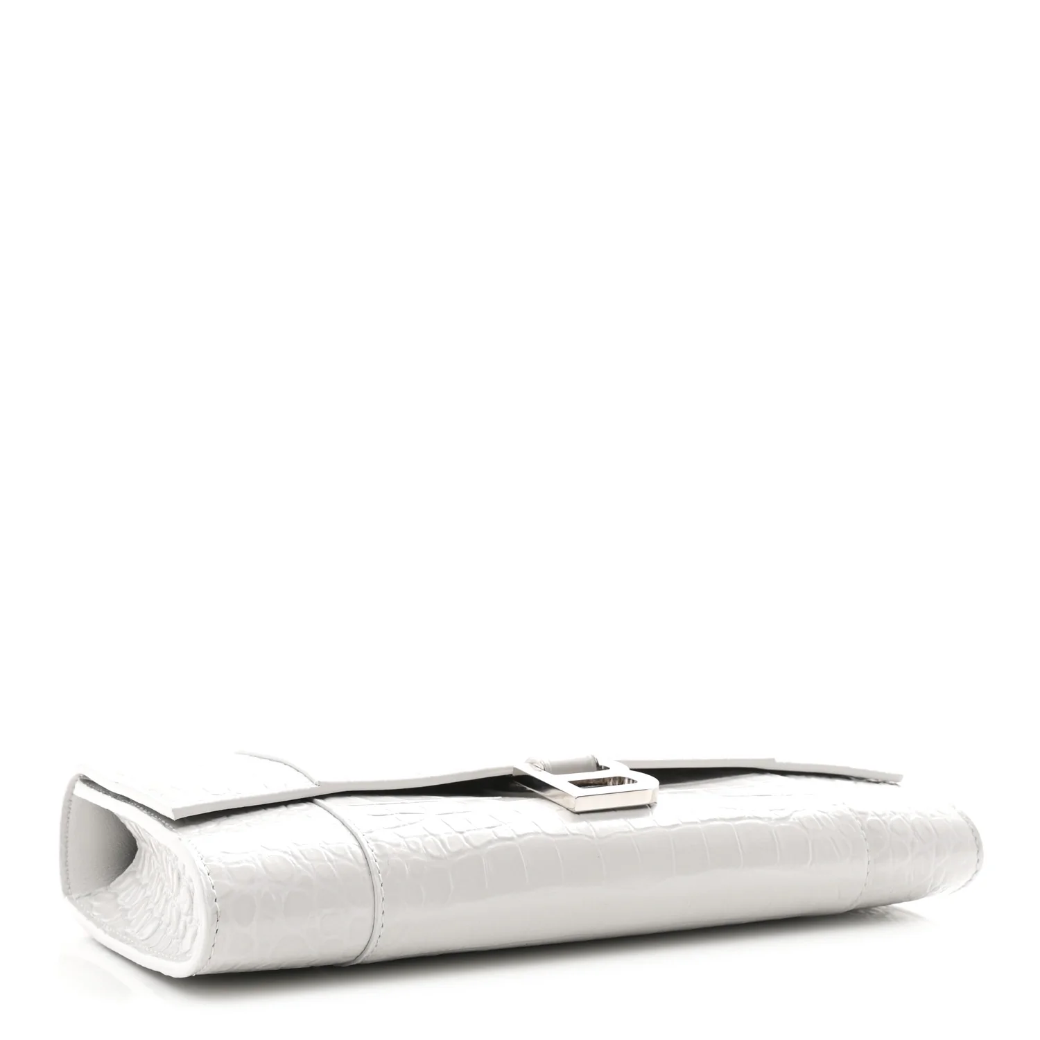 Shiny Calfskin Crocodile Embossed Top Handle Hourglass Clutch White - Image 4