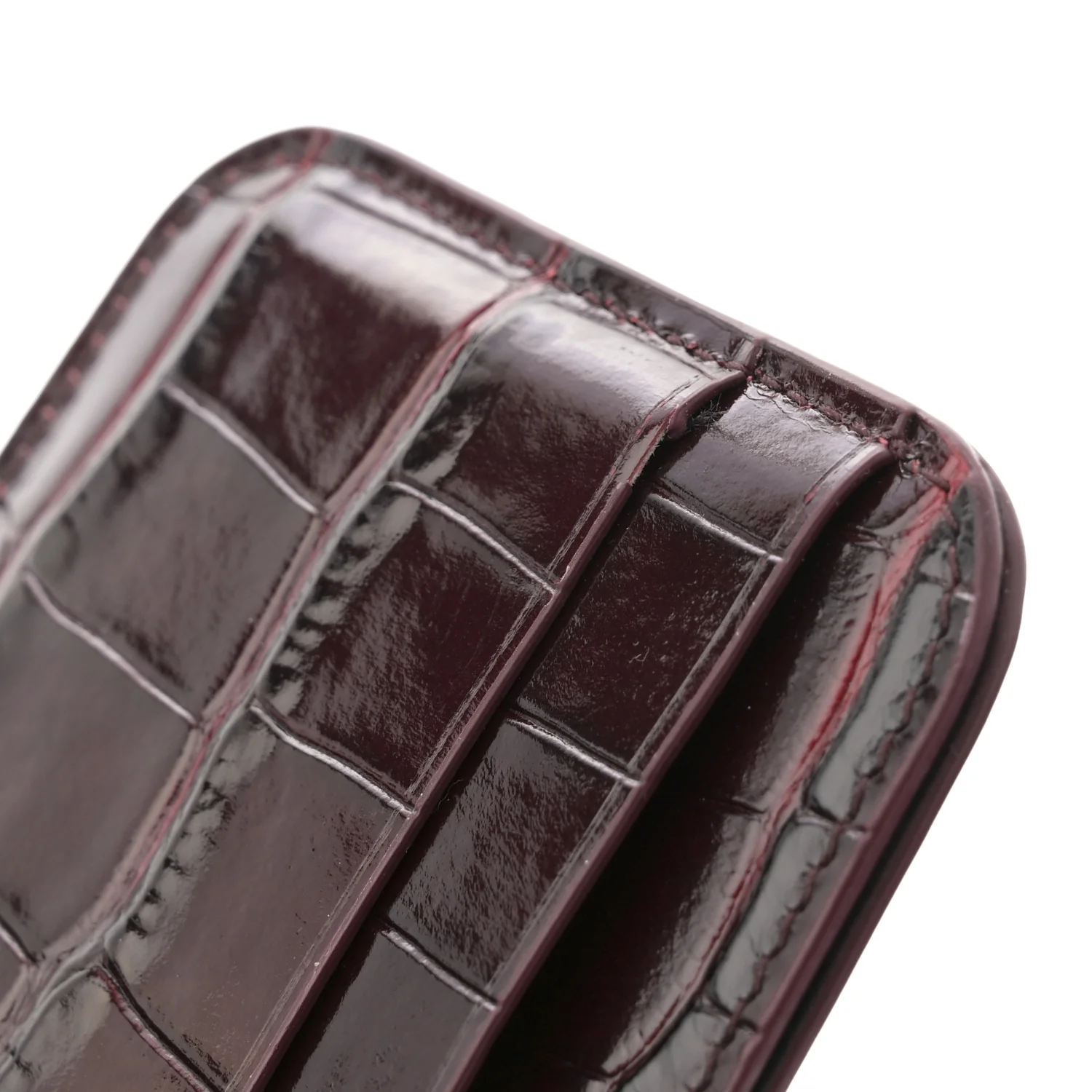 Shiny Calfskin Logo Crocodile Embossed Cash Rounded Card Holder Dark Red - Image 7
