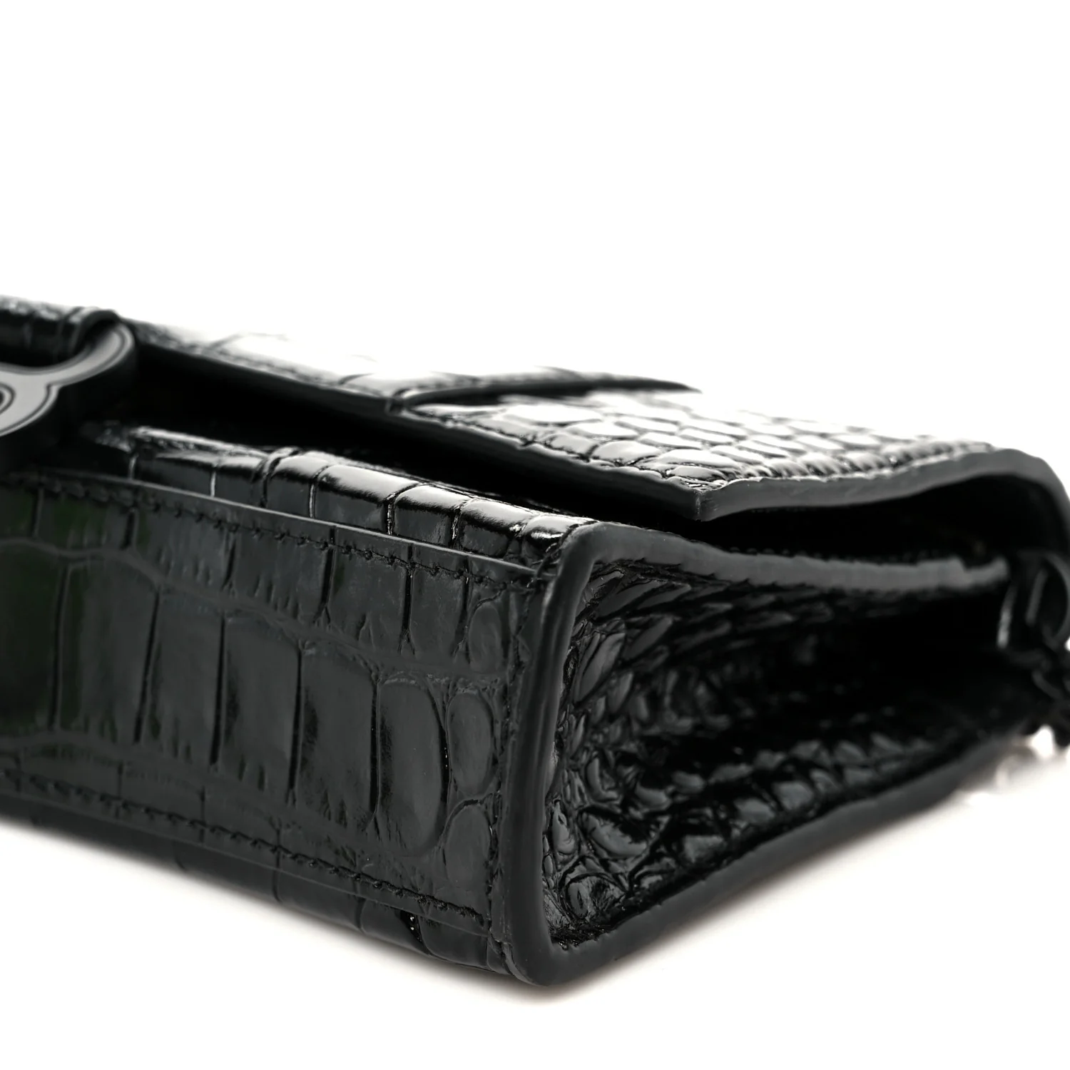 Shiny Calfskin Monochrome Crocodile Embossed Hourglass Chain Bag Black - Image 11