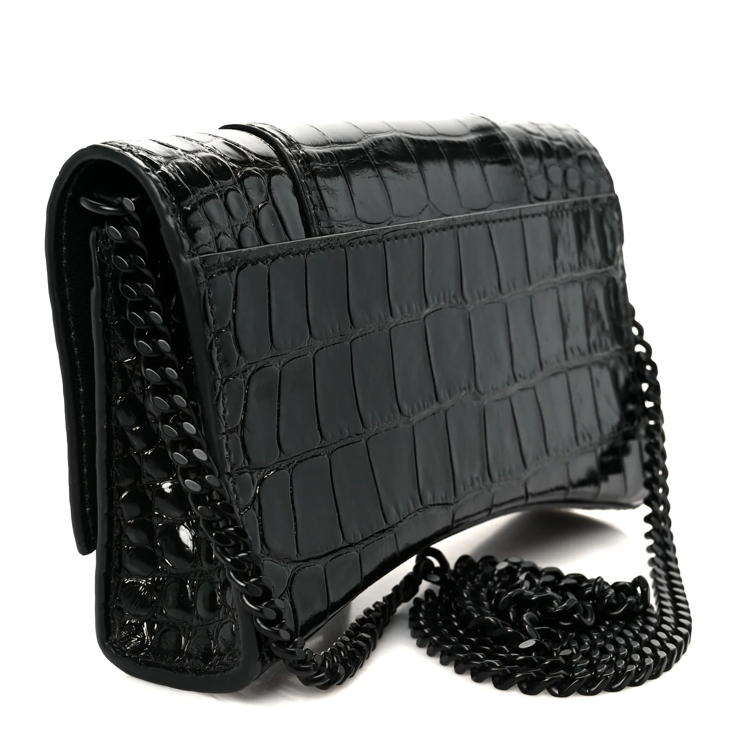 Shiny Calfskin Monochrome Crocodile Embossed Hourglass Chain Bag Black - Image 3