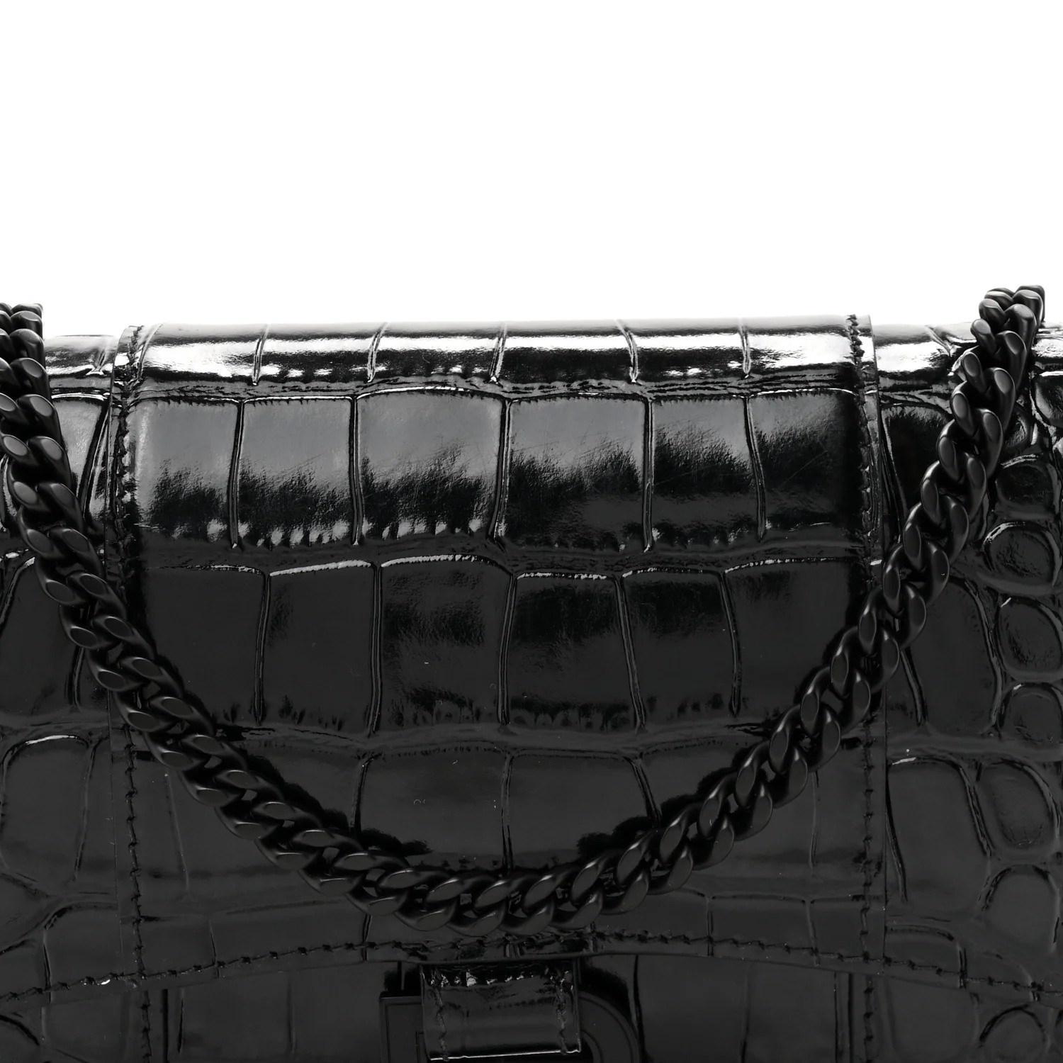 Shiny Calfskin Monochrome Crocodile Embossed Hourglass Chain Bag Black - Image 14