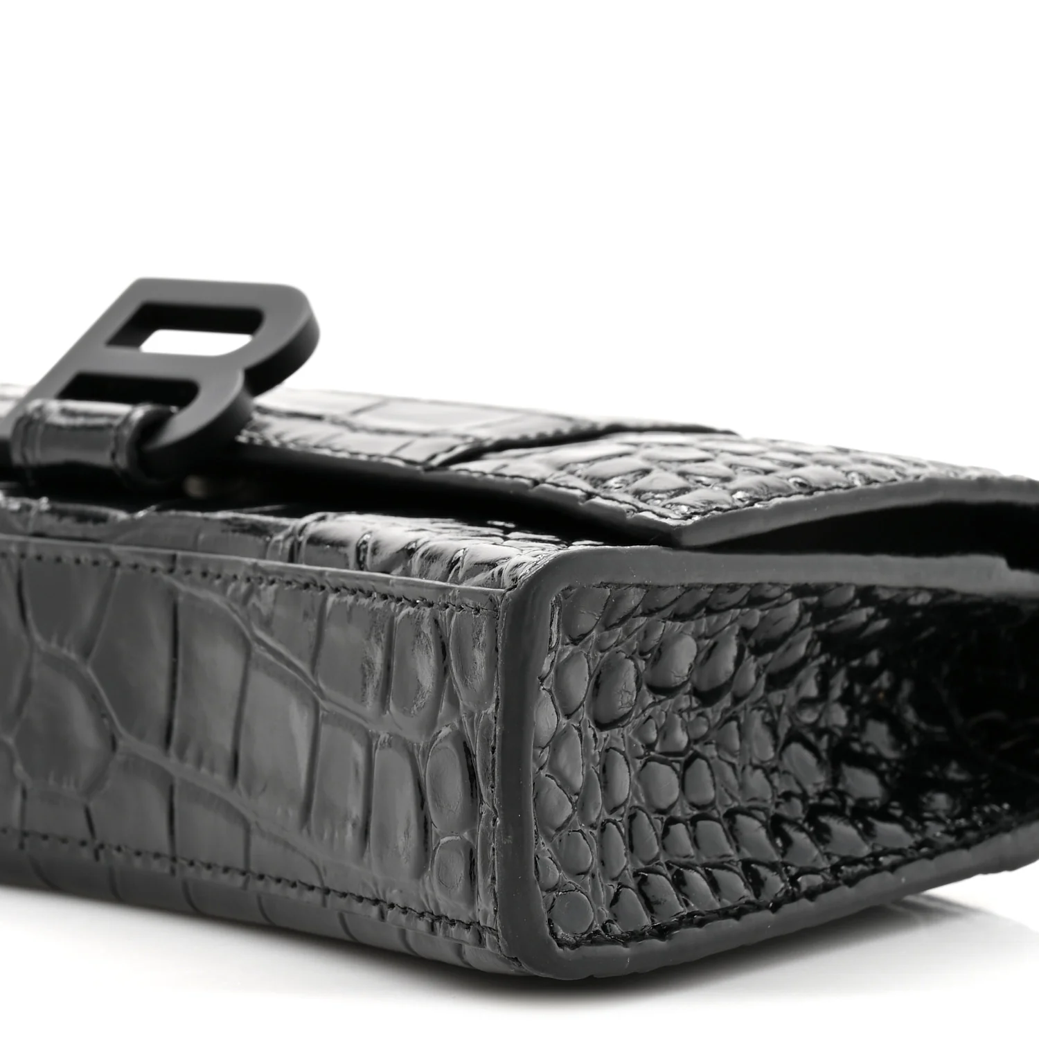 Shiny Calfskin Monochrome Crocodile Embossed Hourglass Chain Bag Black - Image 17
