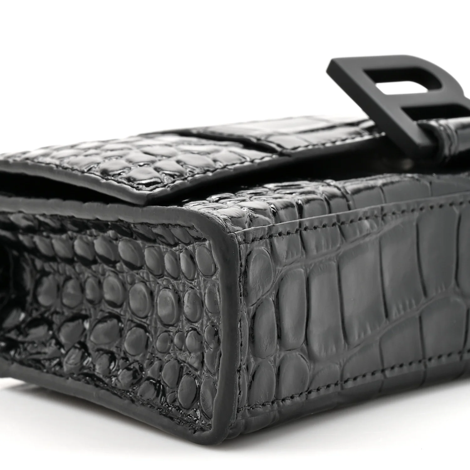 Shiny Calfskin Monochrome Crocodile Embossed Hourglass Chain Bag Black - Image 18