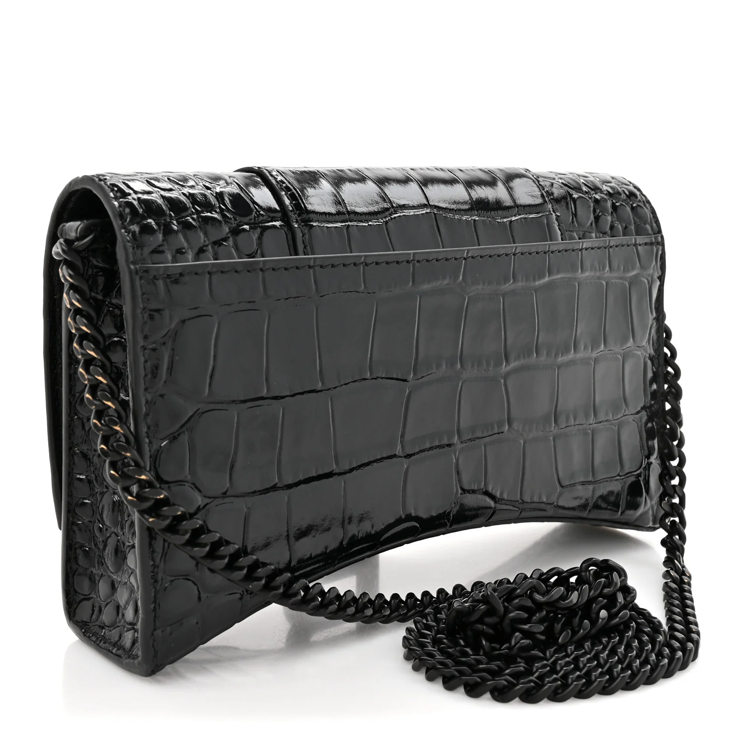 Shiny Calfskin Monochrome Crocodile Embossed Hourglass Chain Bag Black - Image 5