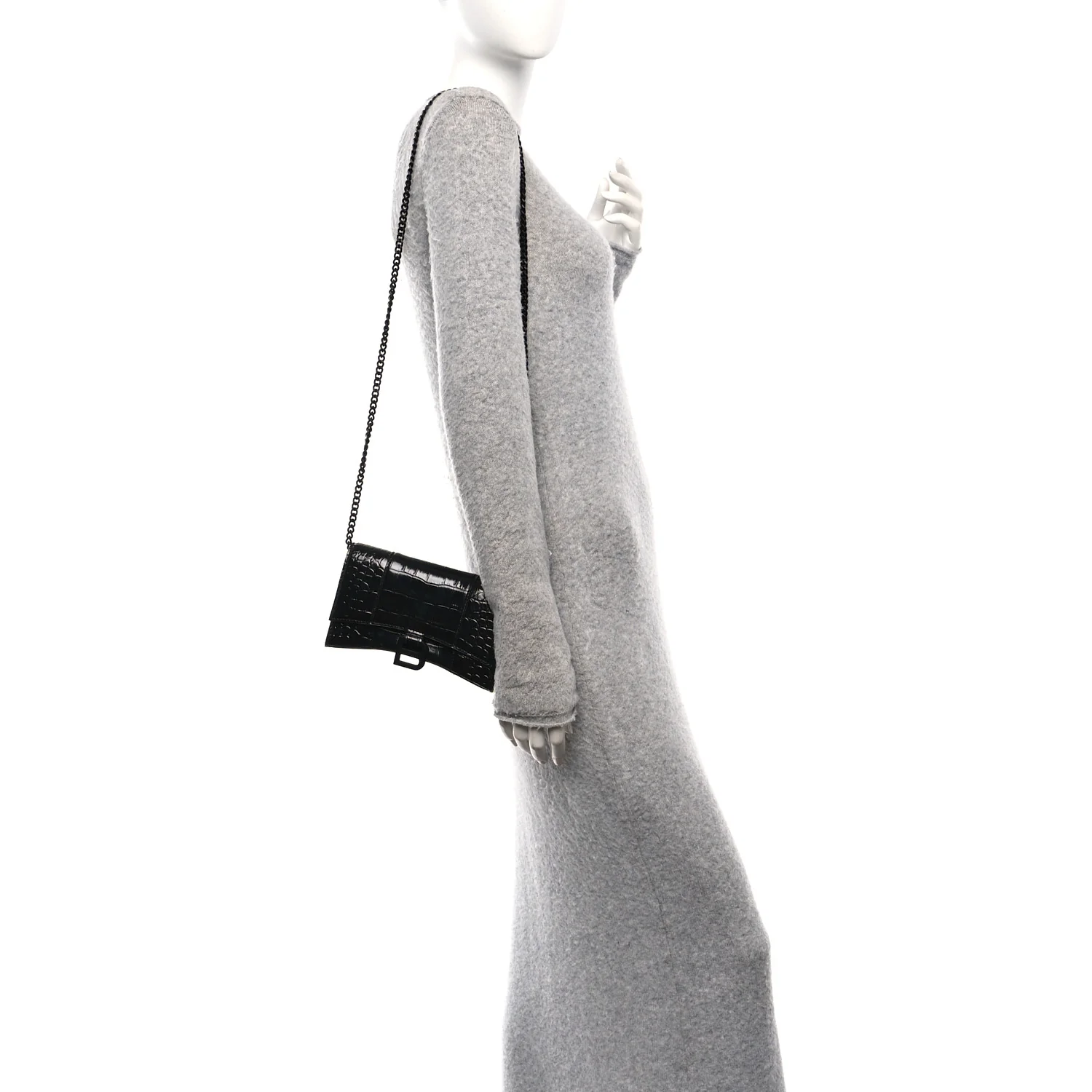 Shiny Calfskin Monochrome Crocodile Embossed Hourglass Chain Bag Black - Image 2