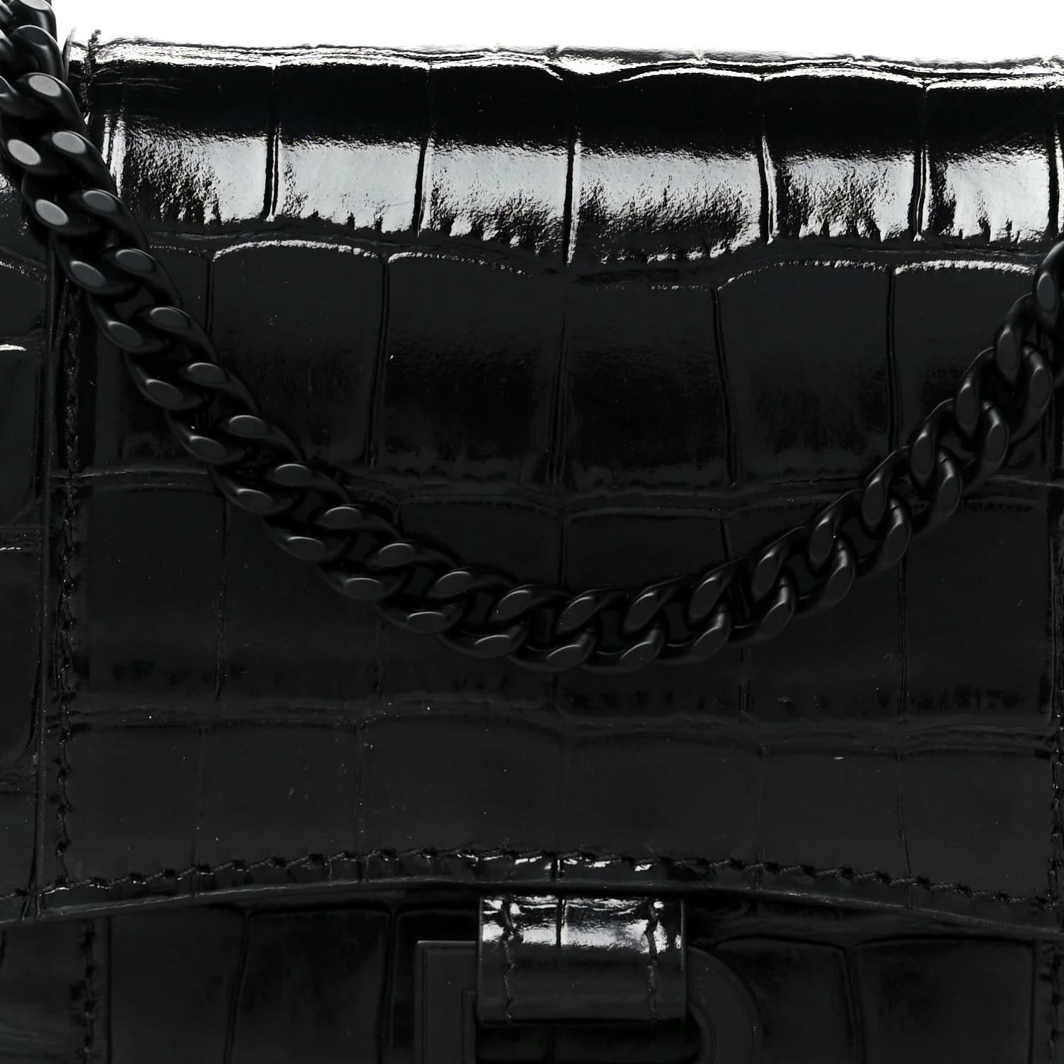 Shiny Calfskin Monochrome Crocodile Embossed Hourglass Chain Bag Black - Image 9