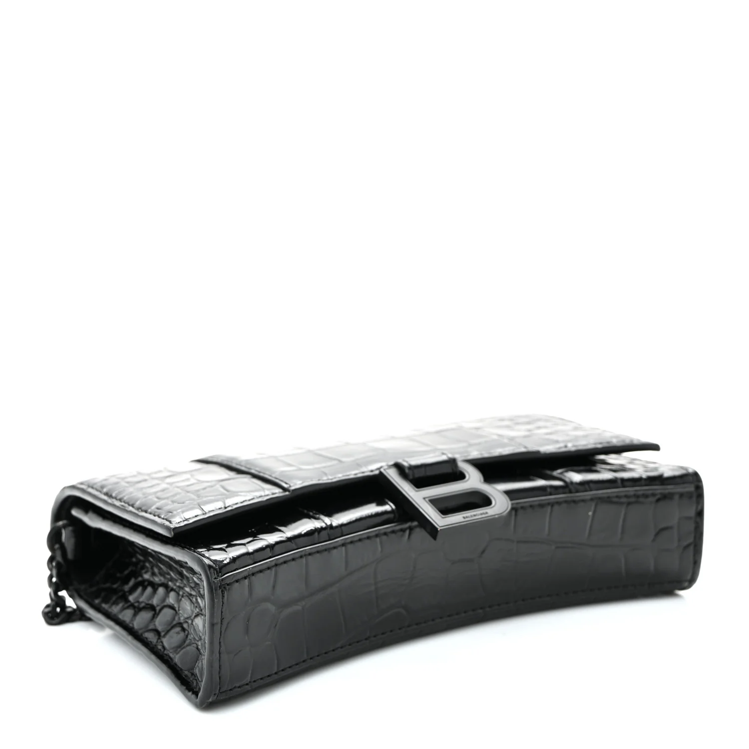 Shiny Calfskin Monochrome Crocodile Embossed Hourglass Chain Bag Black - Image 4
