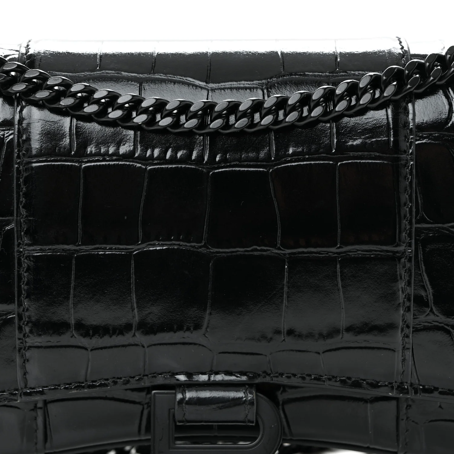 Shiny Calfskin Monochrome Crocodile Embossed Hourglass Chain Bag Black - Image 7