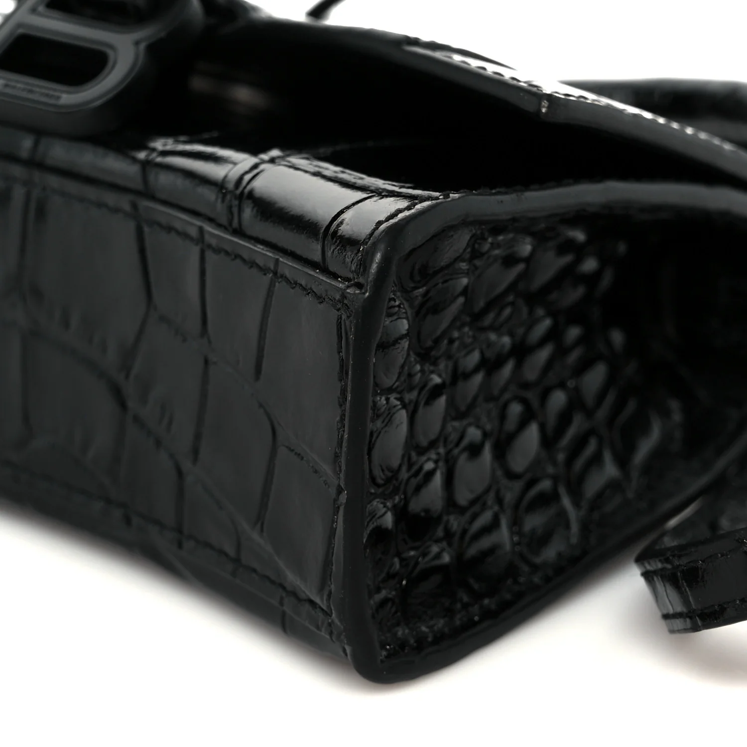 Shiny Calfskin Monochrome Crocodile Embossed Hourglass Top Handle Bag Mini Black - Image 10