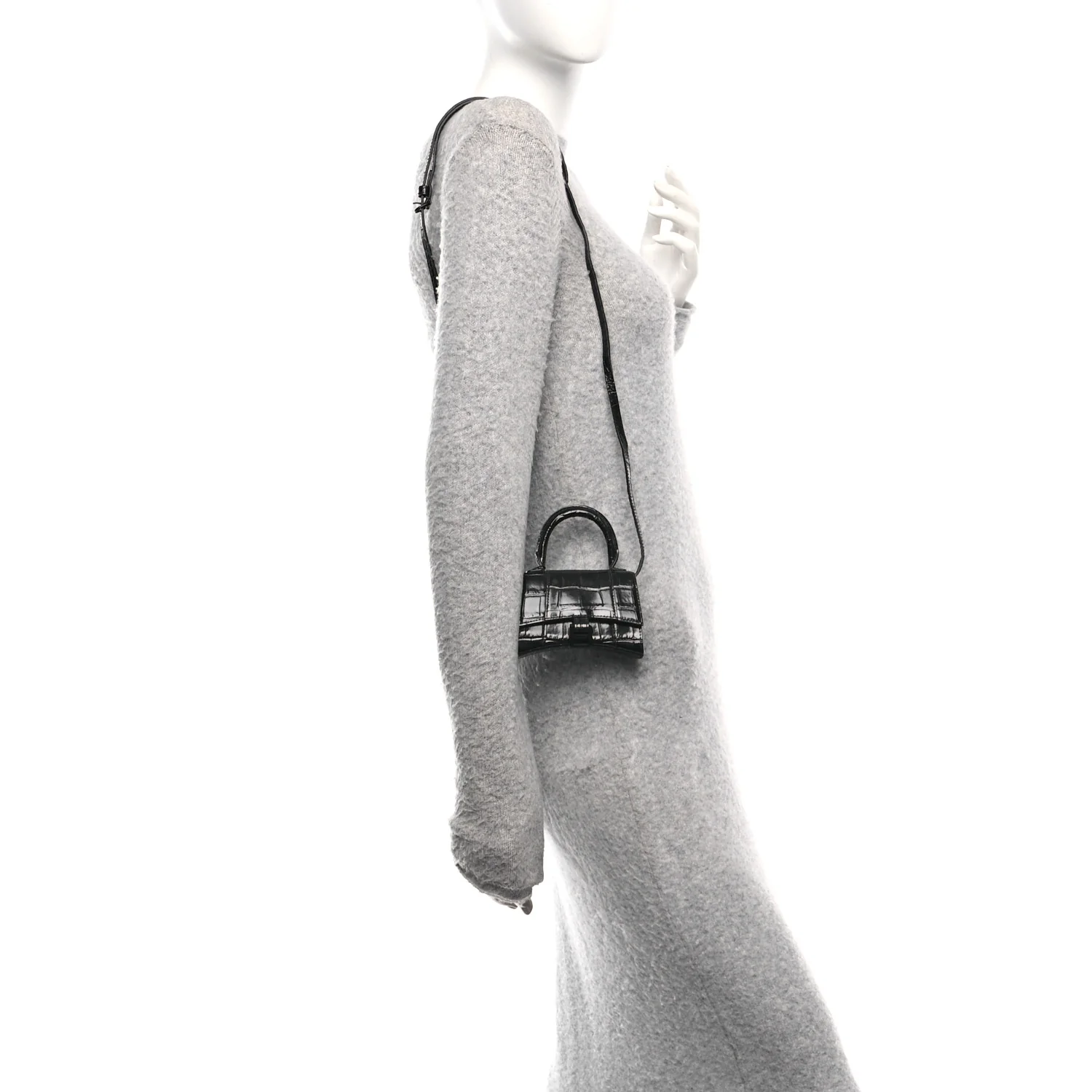 Shiny Calfskin Monochrome Crocodile Embossed Hourglass Top Handle Bag Mini Black - Image 2