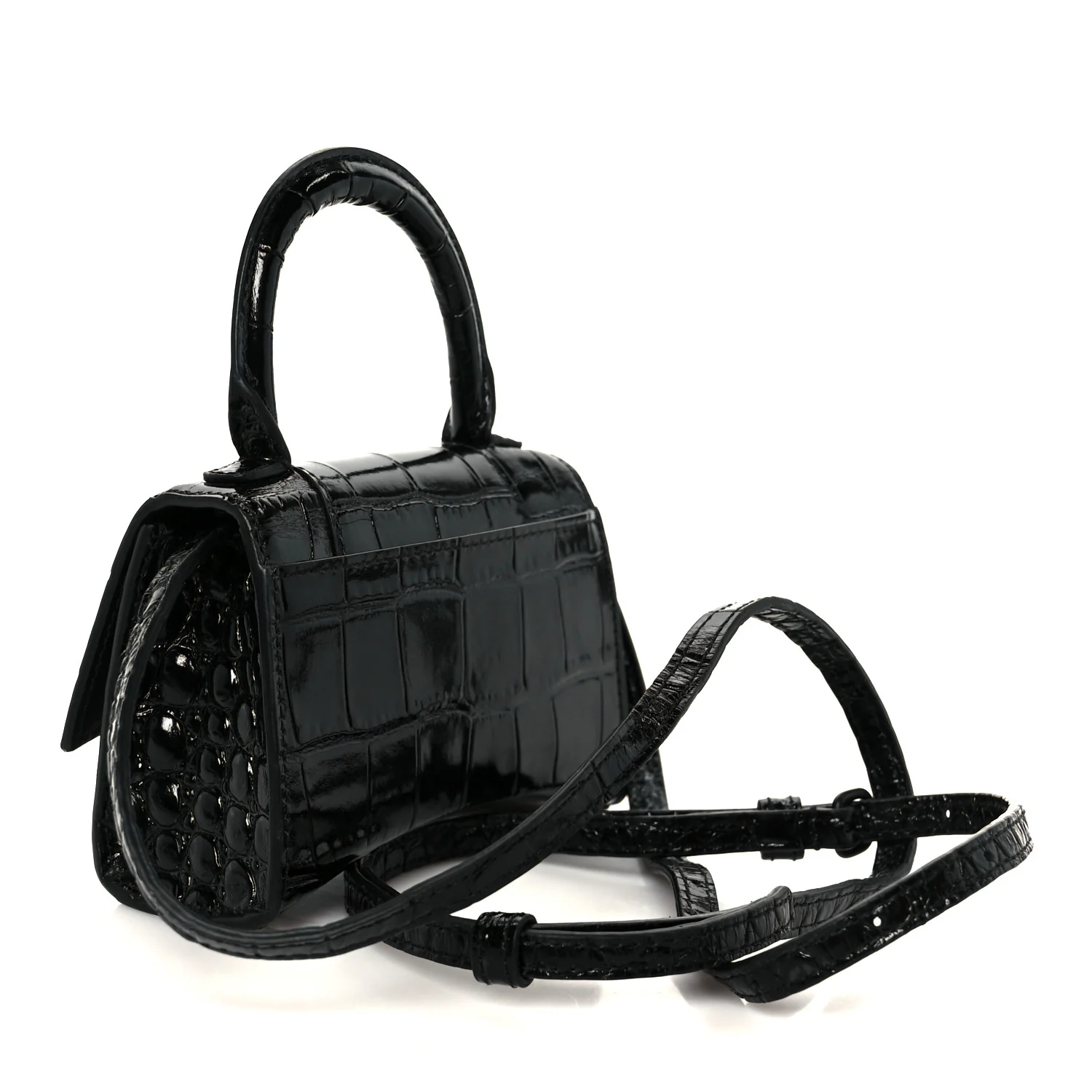 Shiny Calfskin Monochrome Crocodile Embossed Hourglass Top Handle Bag Mini Black - Image 3