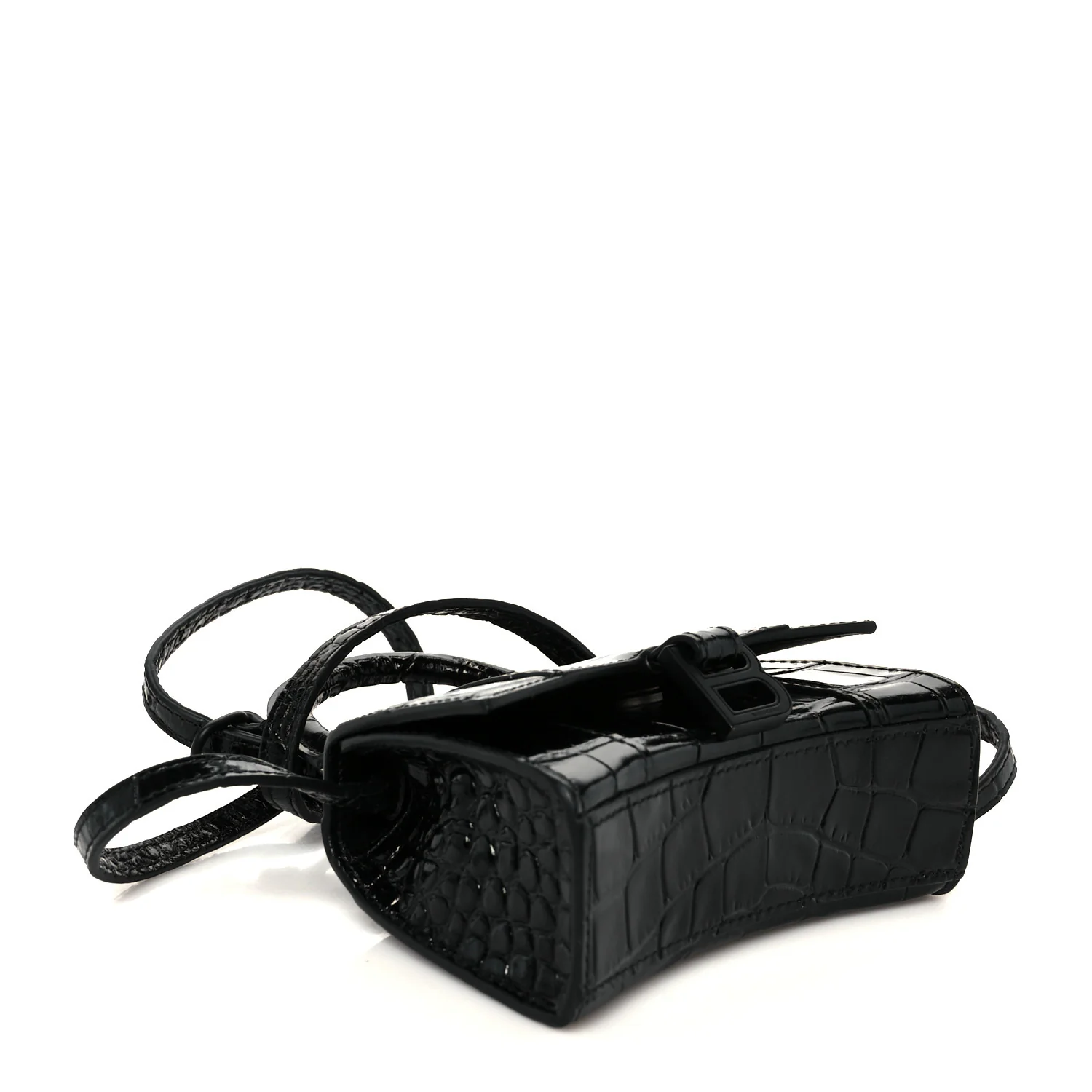 Shiny Calfskin Monochrome Crocodile Embossed Hourglass Top Handle Bag Mini Black - Image 4
