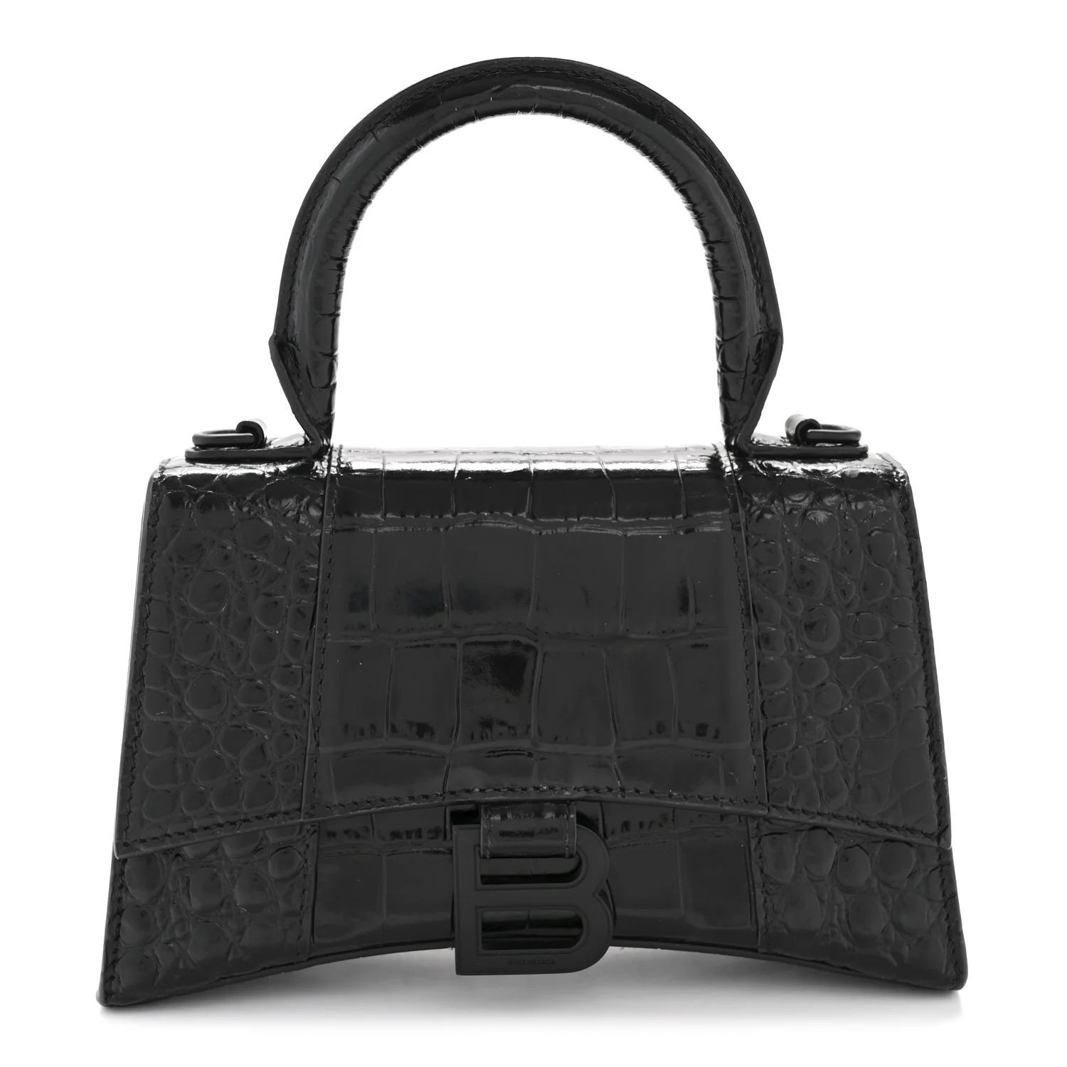 Shiny Calfskin Monochrome Crocodile Embossed Hourglass Top Handle Bag XS Black