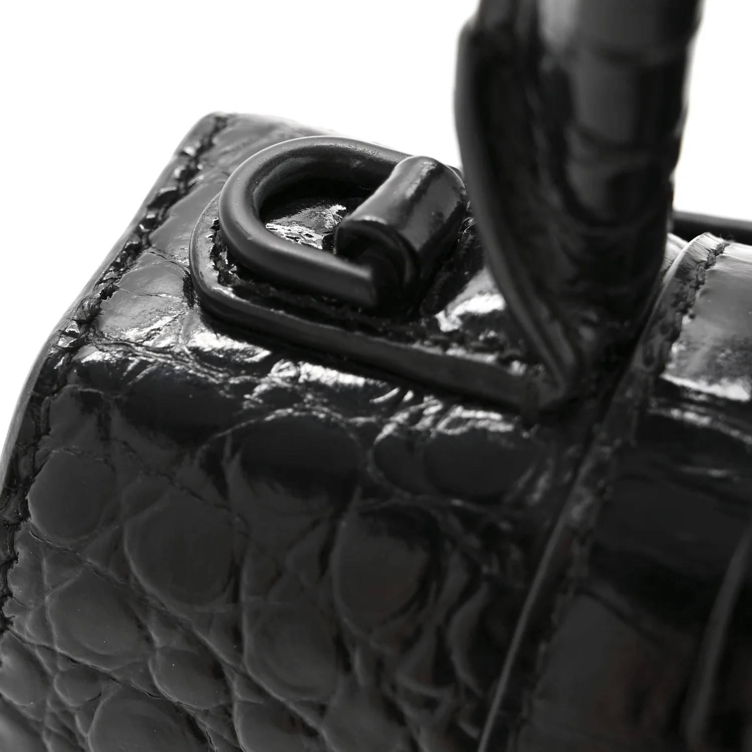 Shiny Calfskin Monochrome Crocodile Embossed Hourglass Top Handle Bag XS Black - Image 15