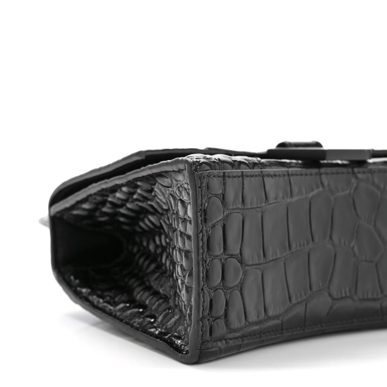 Shiny Calfskin Monochrome Crocodile Embossed Hourglass Top Handle Bag XS Black - Image 9