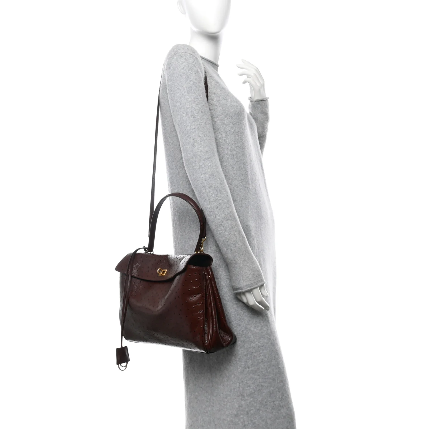Shiny Calfskin Ostrich Embossed Medium Rodeo Top Handle Handbag Brown - Image 2
