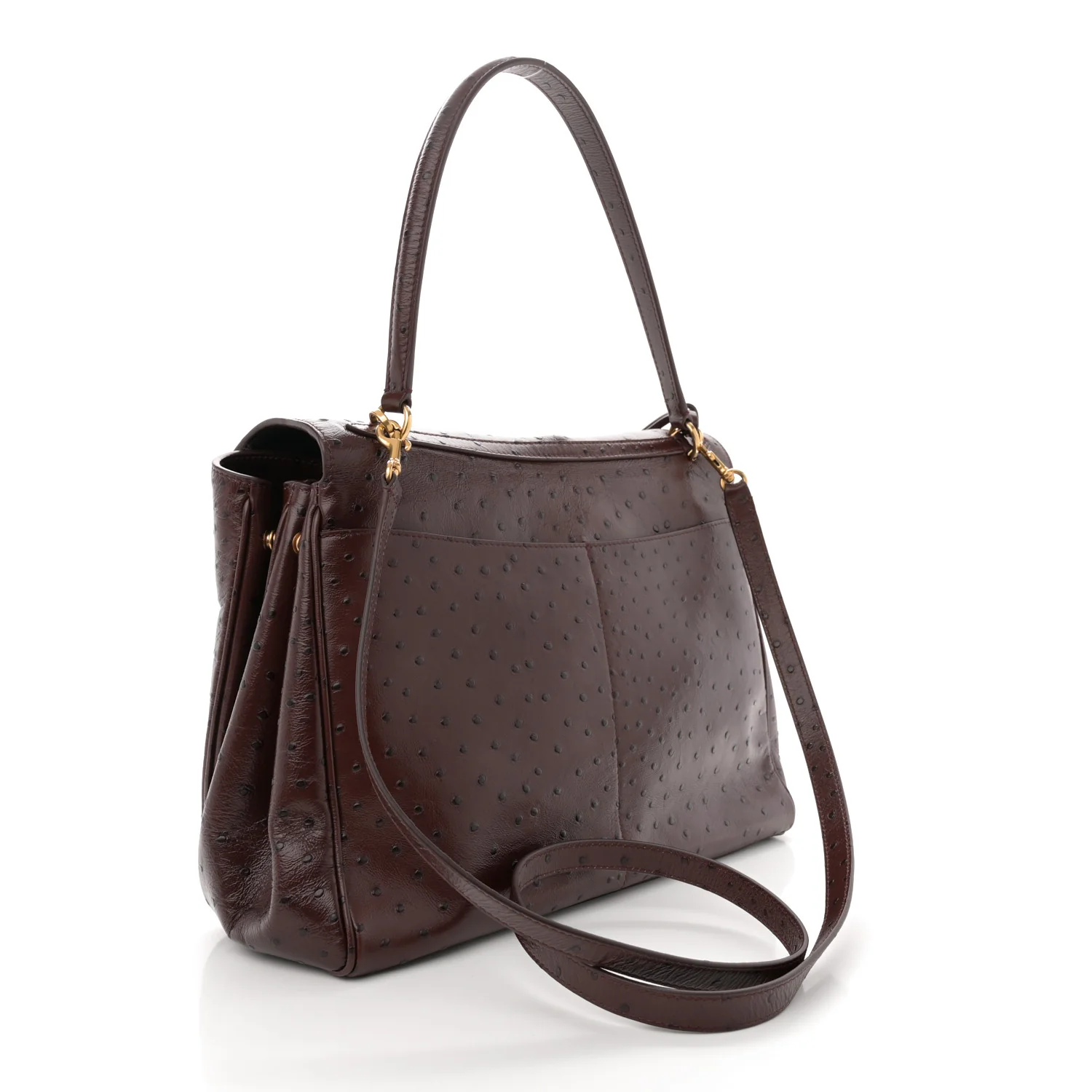 Shiny Calfskin Ostrich Embossed Medium Rodeo Top Handle Handbag Brown - Image 3