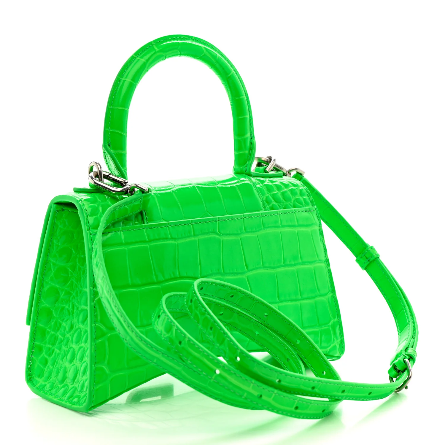 Shiny Calfskin Strass Crocodile Embossed Hourglass Top Handle Bag XS Fluo Green - Image 3