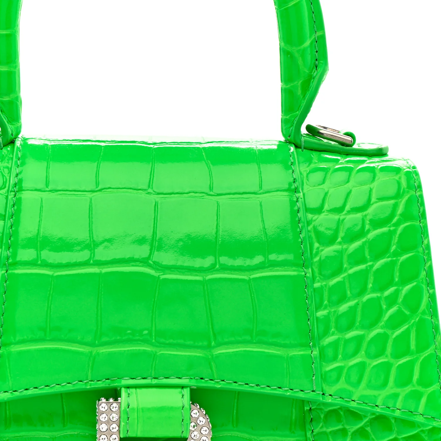 Shiny Calfskin Strass Crocodile Embossed Hourglass Top Handle Bag XS Fluo Green - Image 8