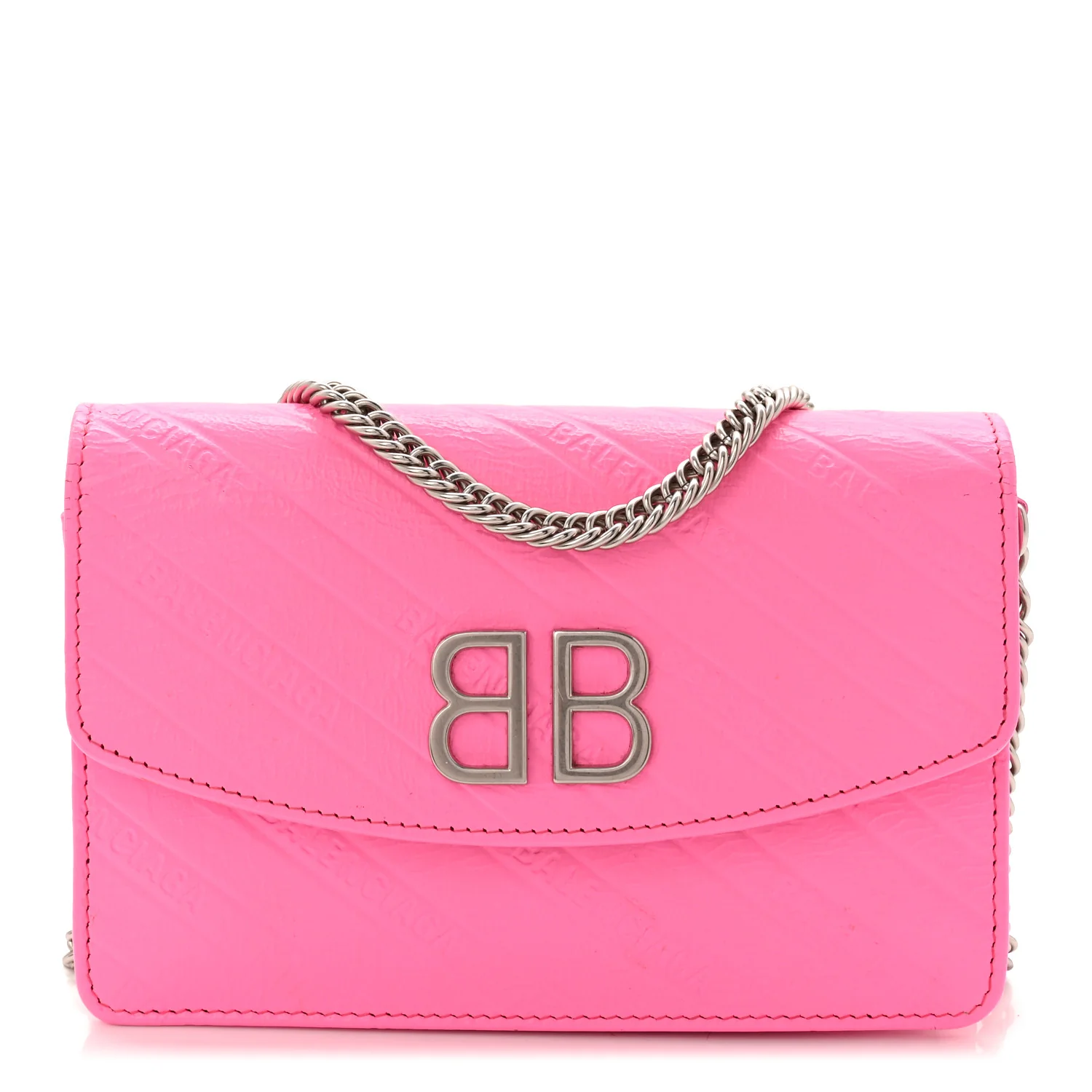 Shiny Goatskin Logo Embossed BB Wallet On Chain Acid Pink