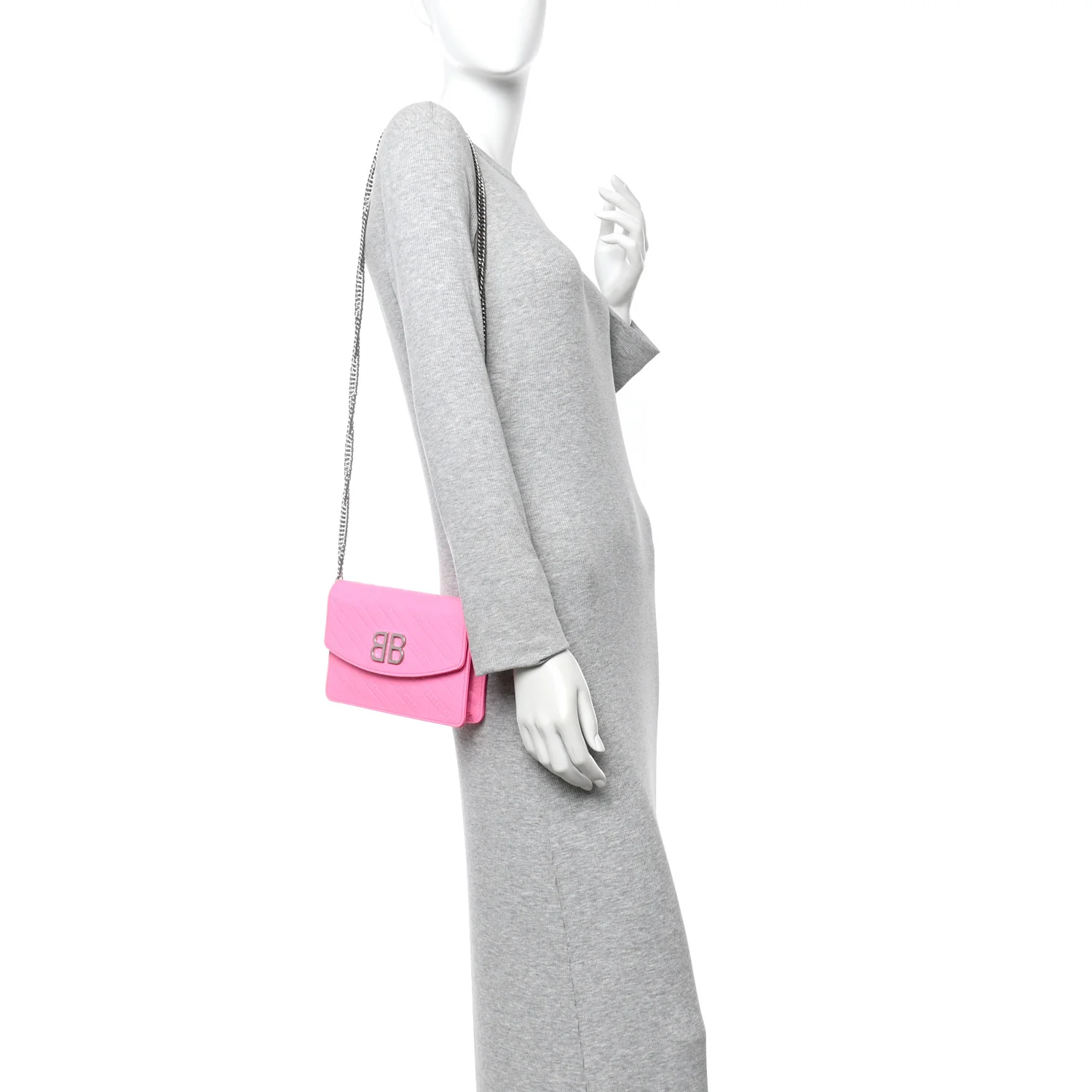 Shiny Goatskin Logo Embossed BB Wallet On Chain Acid Pink - Image 2