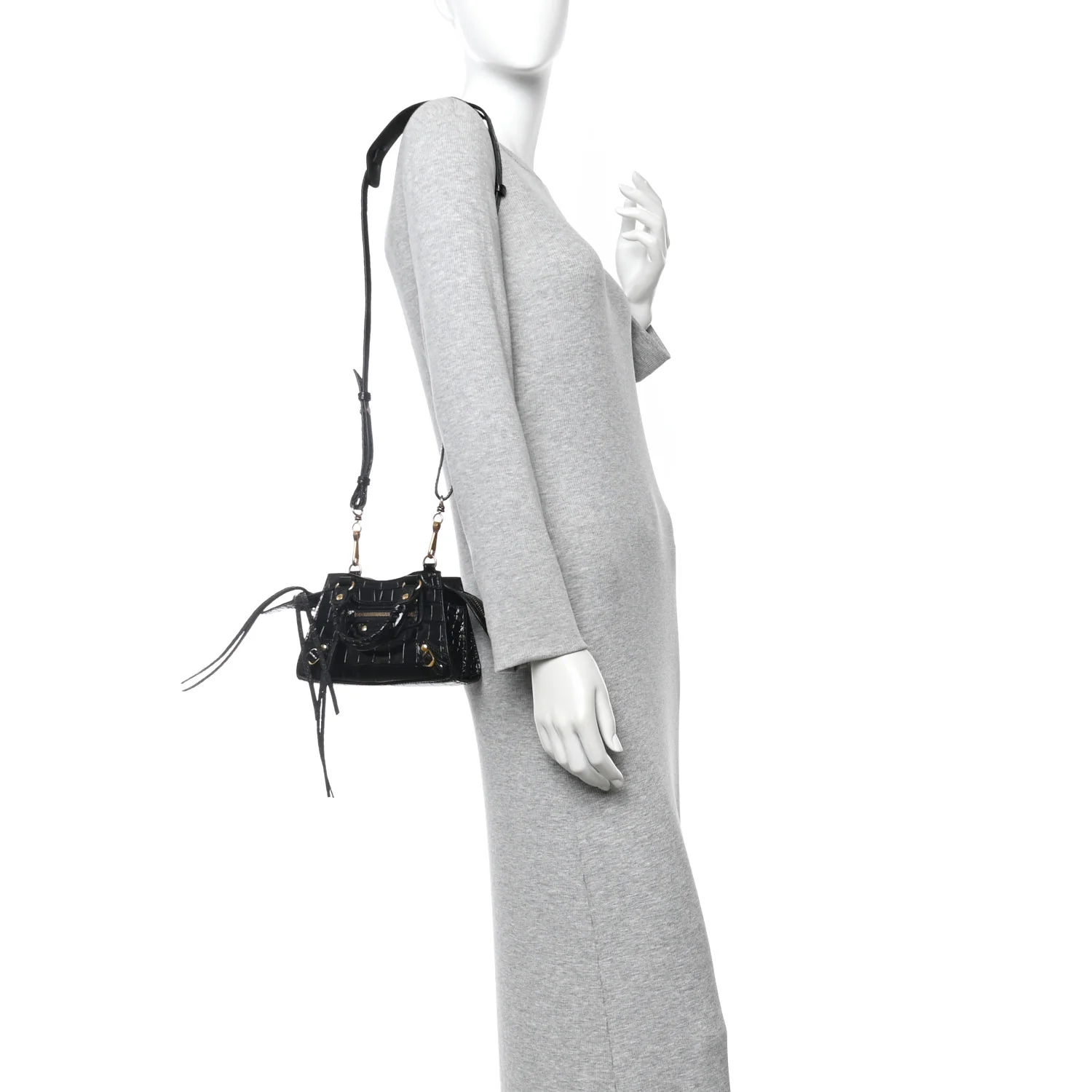 Shiny Supple Calfskin Crocodile Embossed Neo Classic Gold Hardware Nano City Crossbody Black - Image 2