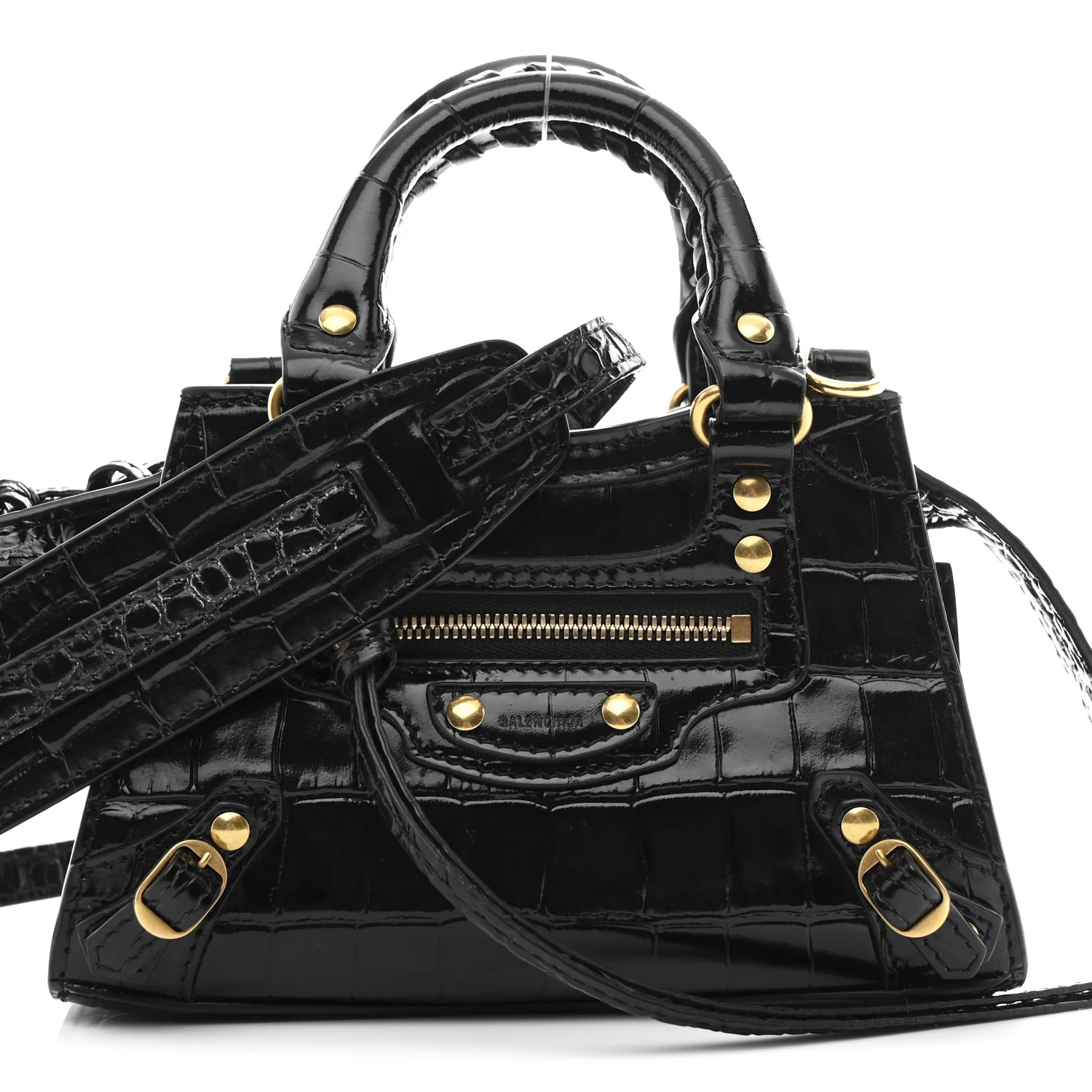 Shiny Supple Calfskin Crocodile Embossed Neo Classic Gold Hardware Nano City Crossbody Black - Image 7