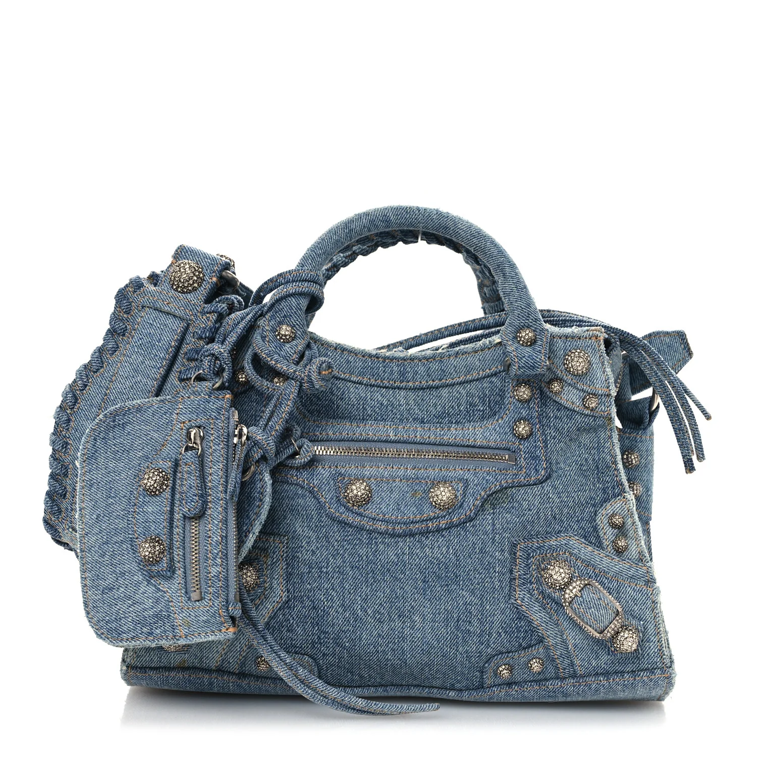Washed Frayed Denim Crystal Neo Cagole Handbag XS Blue