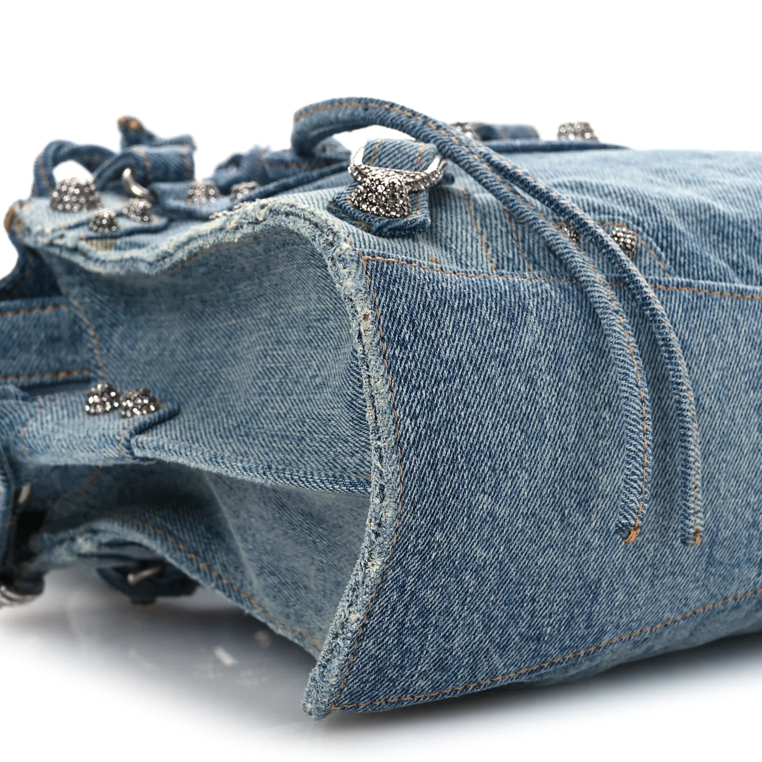 Washed Frayed Denim Crystal Neo Cagole Handbag XS Blue - Image 10