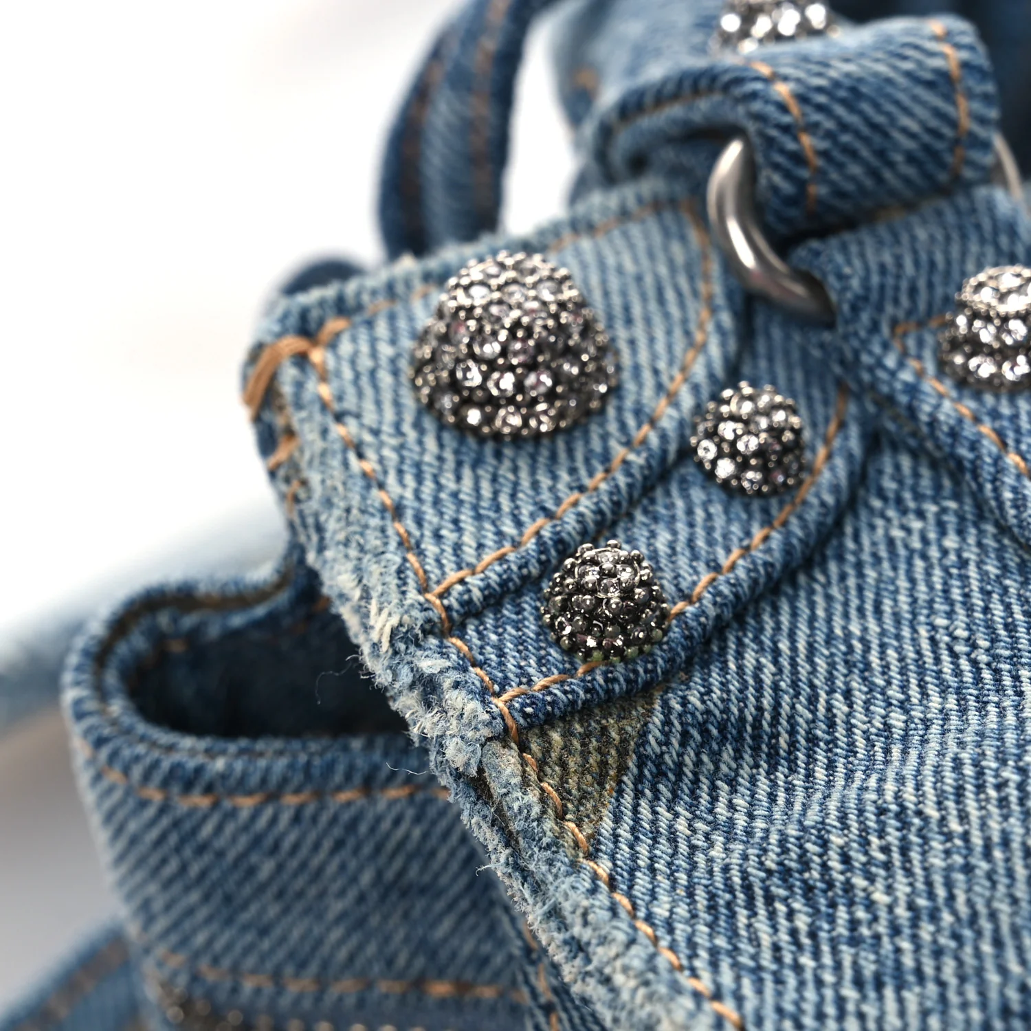 Washed Frayed Denim Crystal Neo Cagole Handbag XS Blue - Image 13
