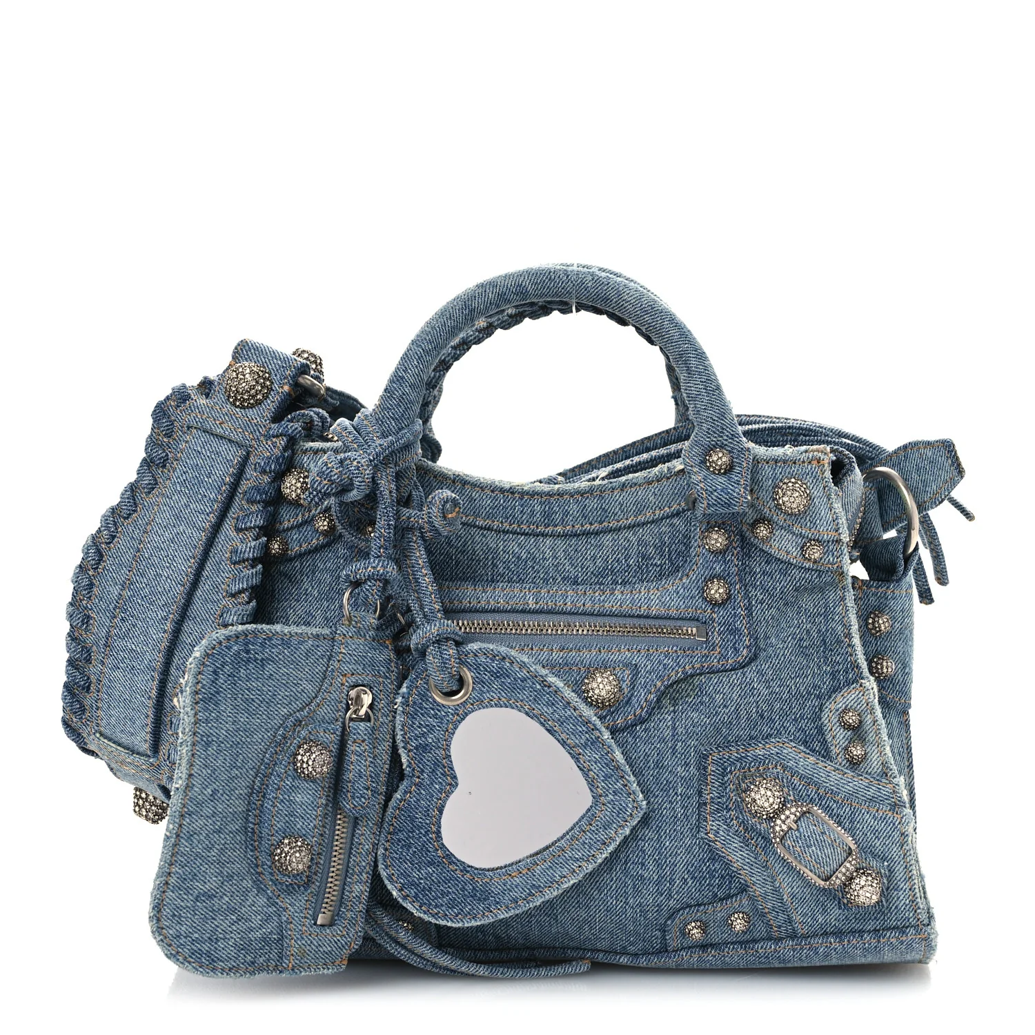 Washed Frayed Denim Crystal Neo Cagole Handbag XS Blue - Image 3