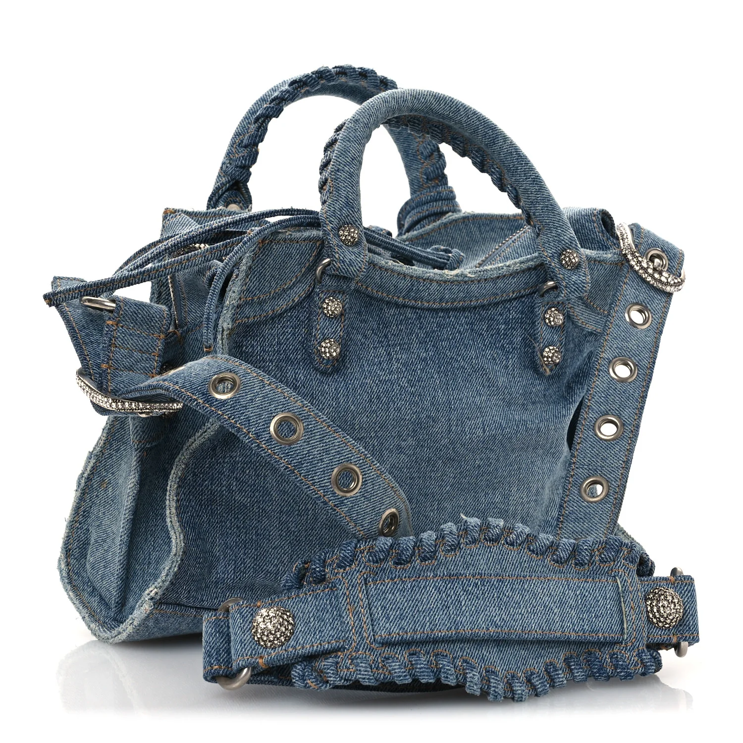 Washed Frayed Denim Crystal Neo Cagole Handbag XS Blue - Image 4