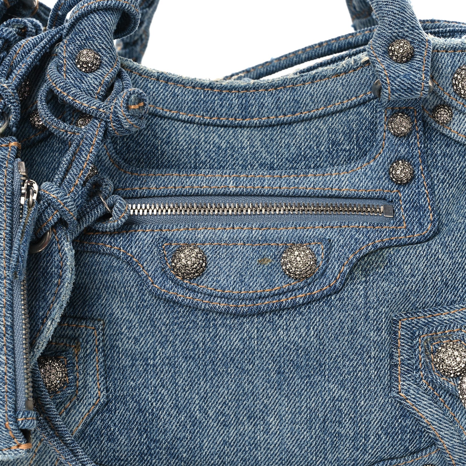 Washed Frayed Denim Crystal Neo Cagole Handbag XS Blue - Image 9