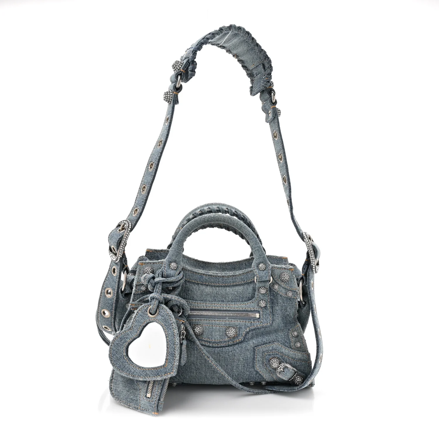 Washed Frayed Denim Crystal Neo Cagole Handbag XS Blue