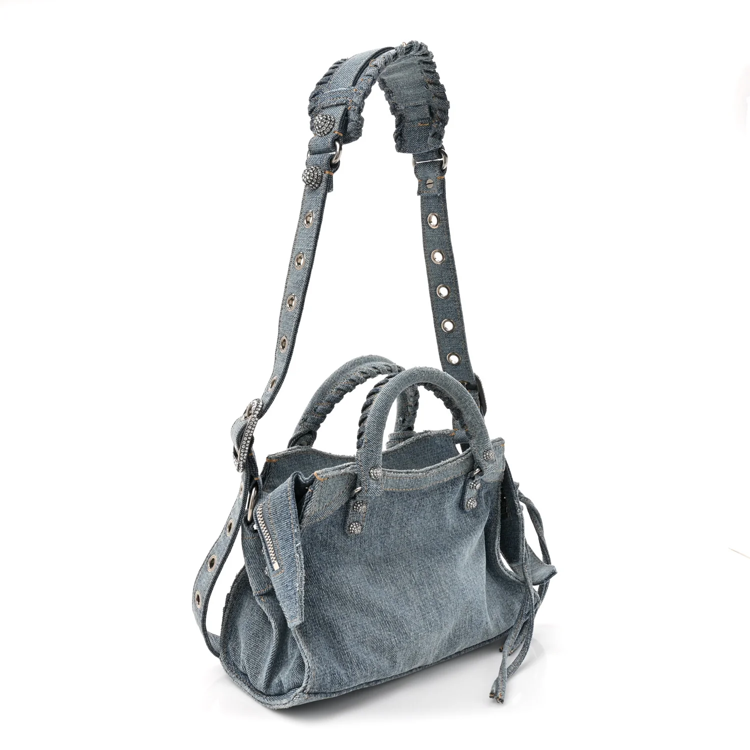 Washed Frayed Denim Crystal Neo Cagole Handbag XS Blue - Image 2