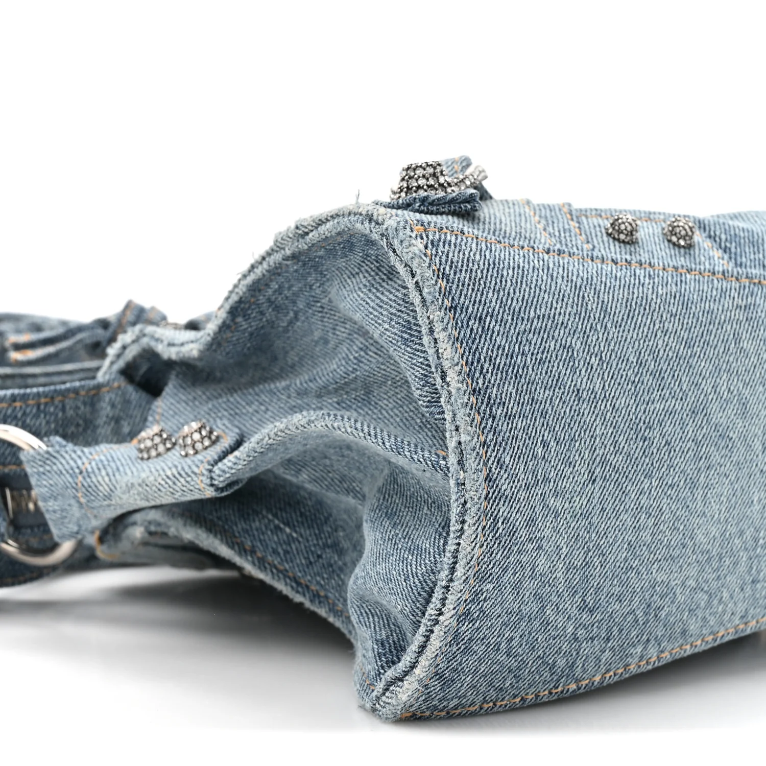 Washed Frayed Denim Crystal Neo Cagole Handbag XS Blue - Image 8