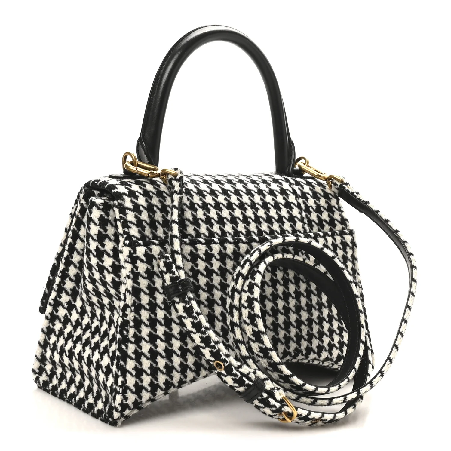 Wool Houndstooth Small Hourglass Top Handle Bag Black White - Image 3
