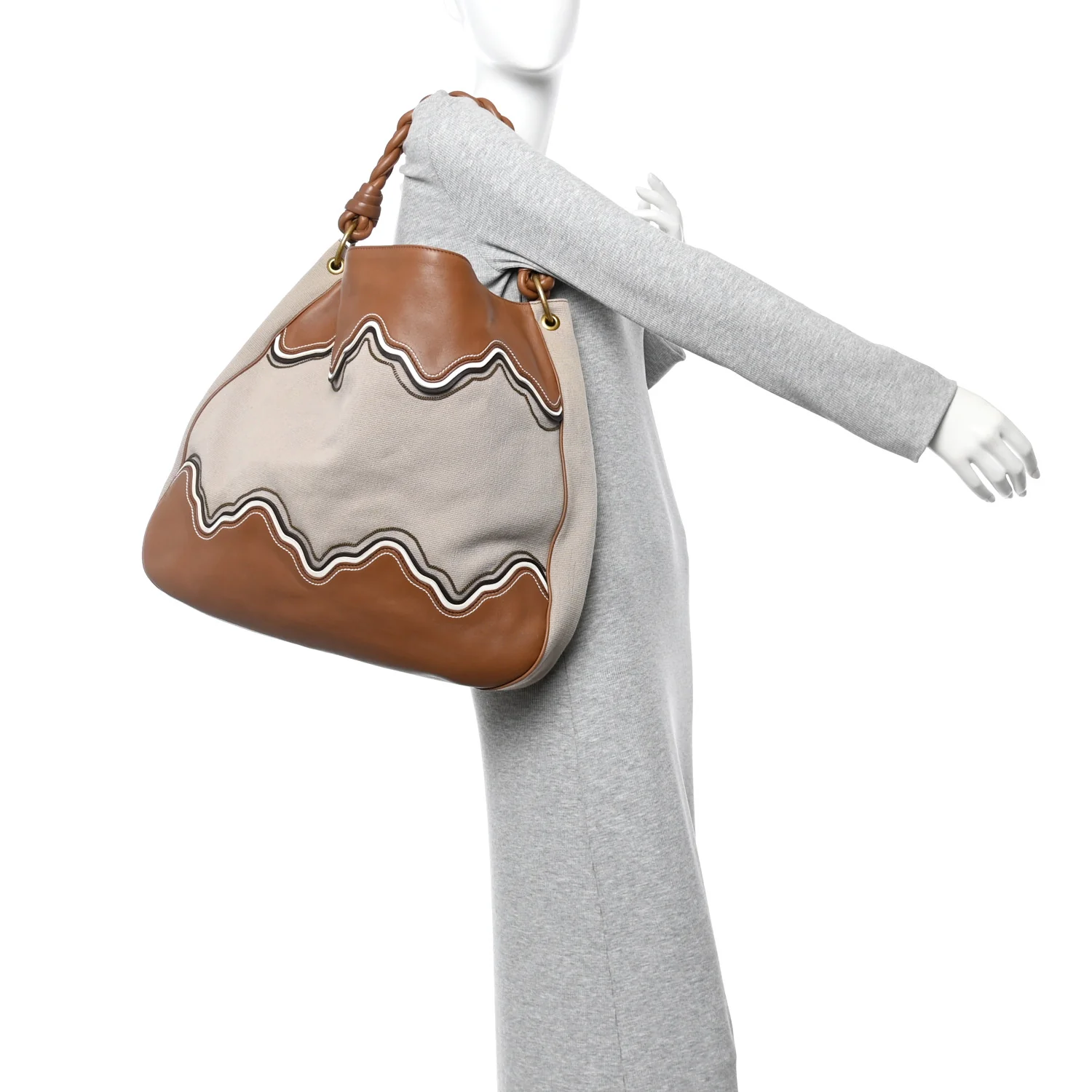 Canvas Calfskin Trimmed Tote Beige Brown - Image 2