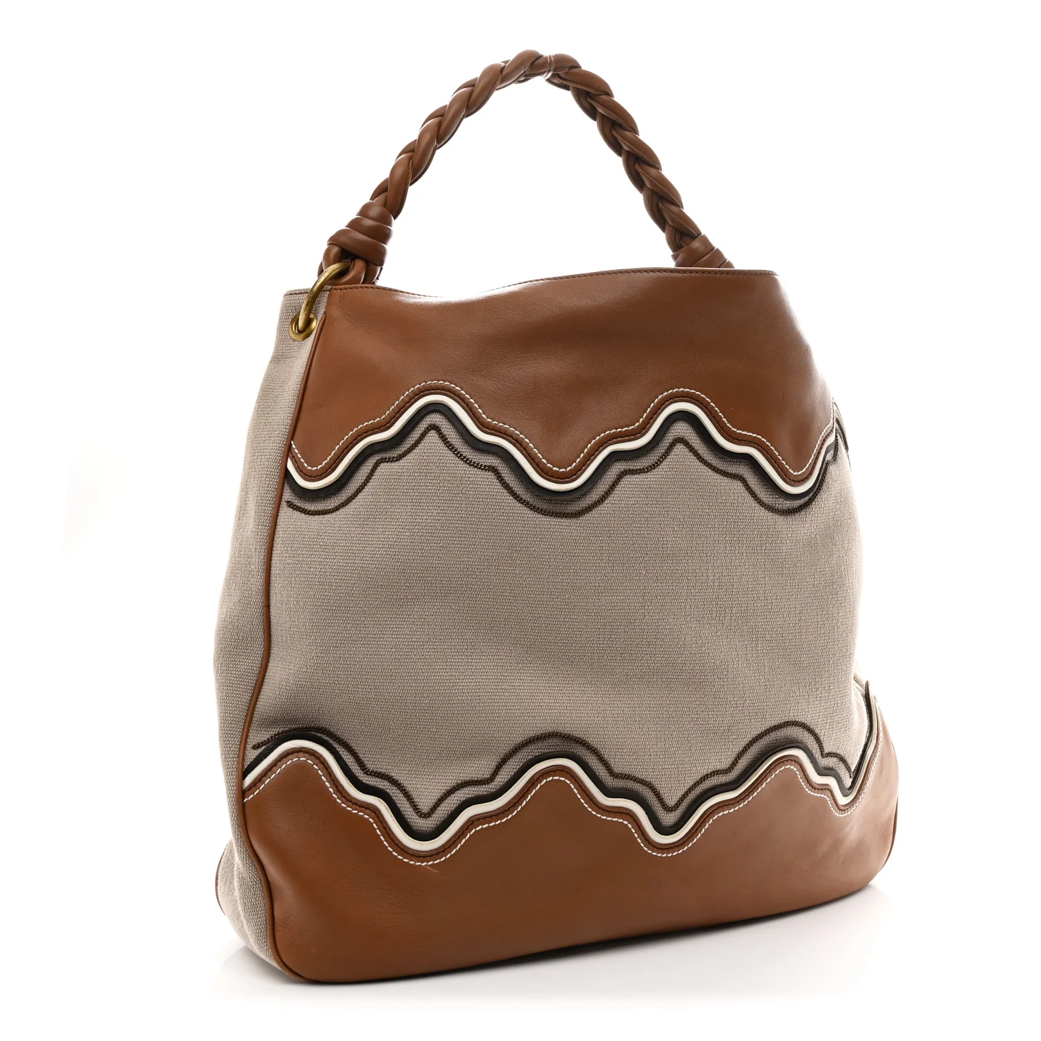 Canvas Calfskin Trimmed Tote Beige Brown - Image 3