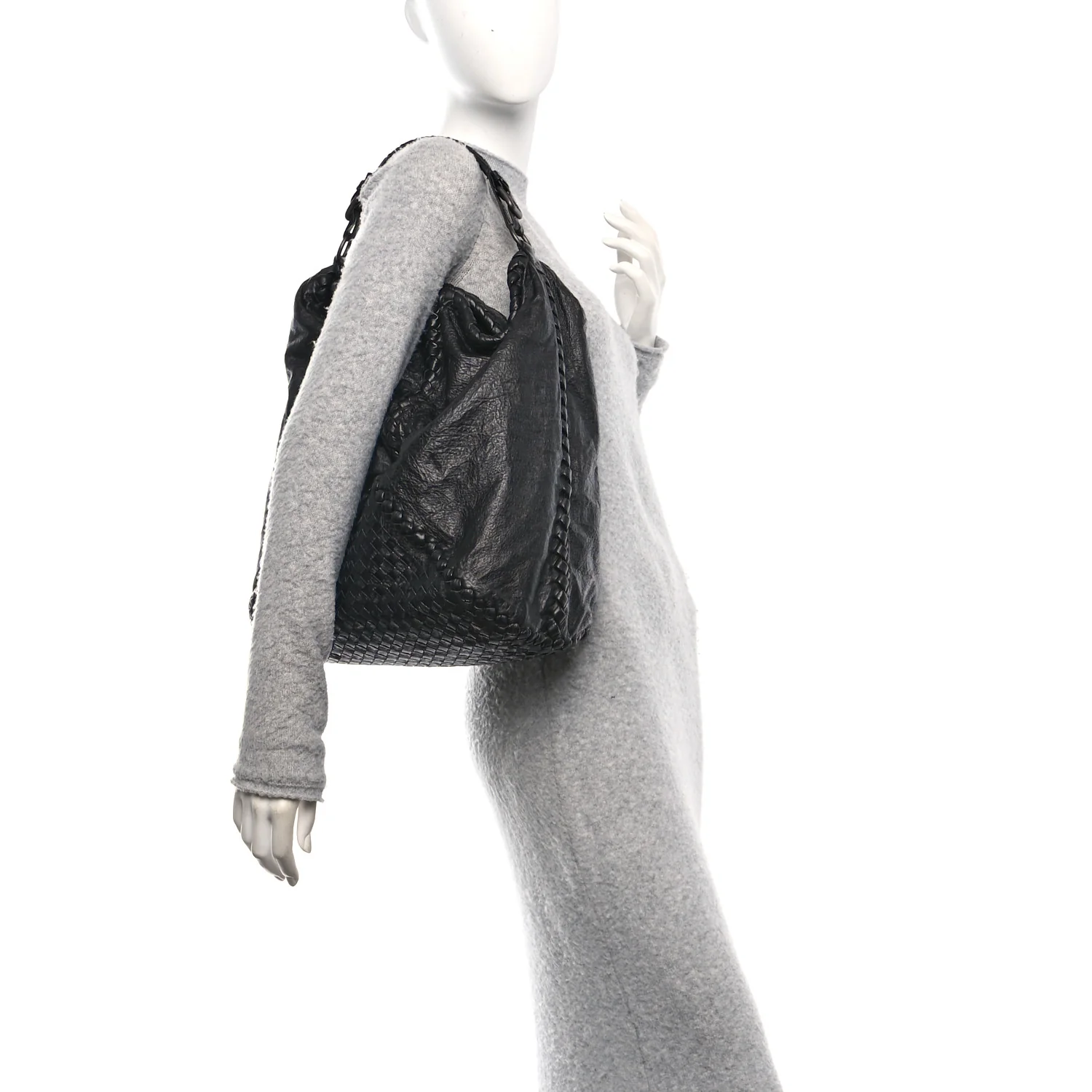 Grained Lambskin Intrecciato Large Shoulder Bag Black - Image 2