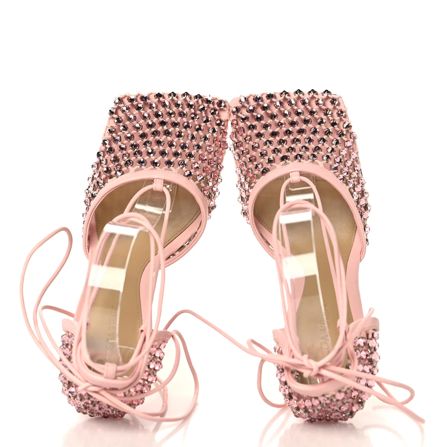 Mesh Nappa Crystal Embellished Sparkle Stretch Ankle Tie 90mm Sandals 38 Camellia - Image 2