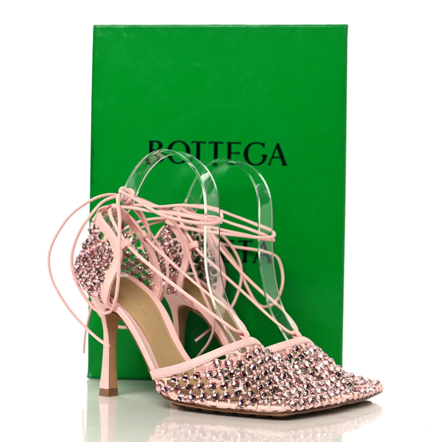 Mesh Nappa Crystal Embellished Sparkle Stretch Ankle Tie 90mm Sandals 38 Camellia - Image 9