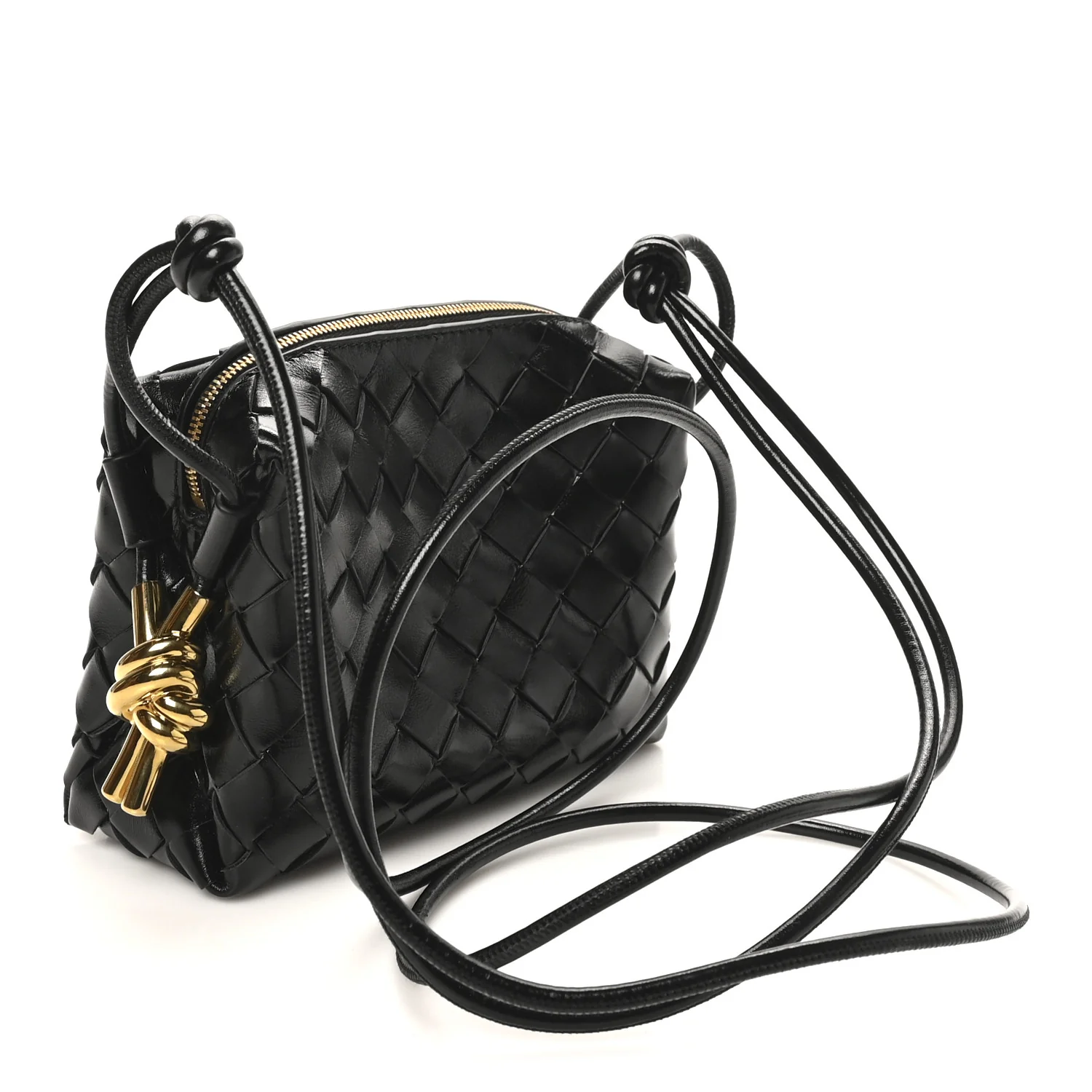Polished Nappa Intrecciato Metallic Knot Mini Loop Camera Bag Black - Image 3