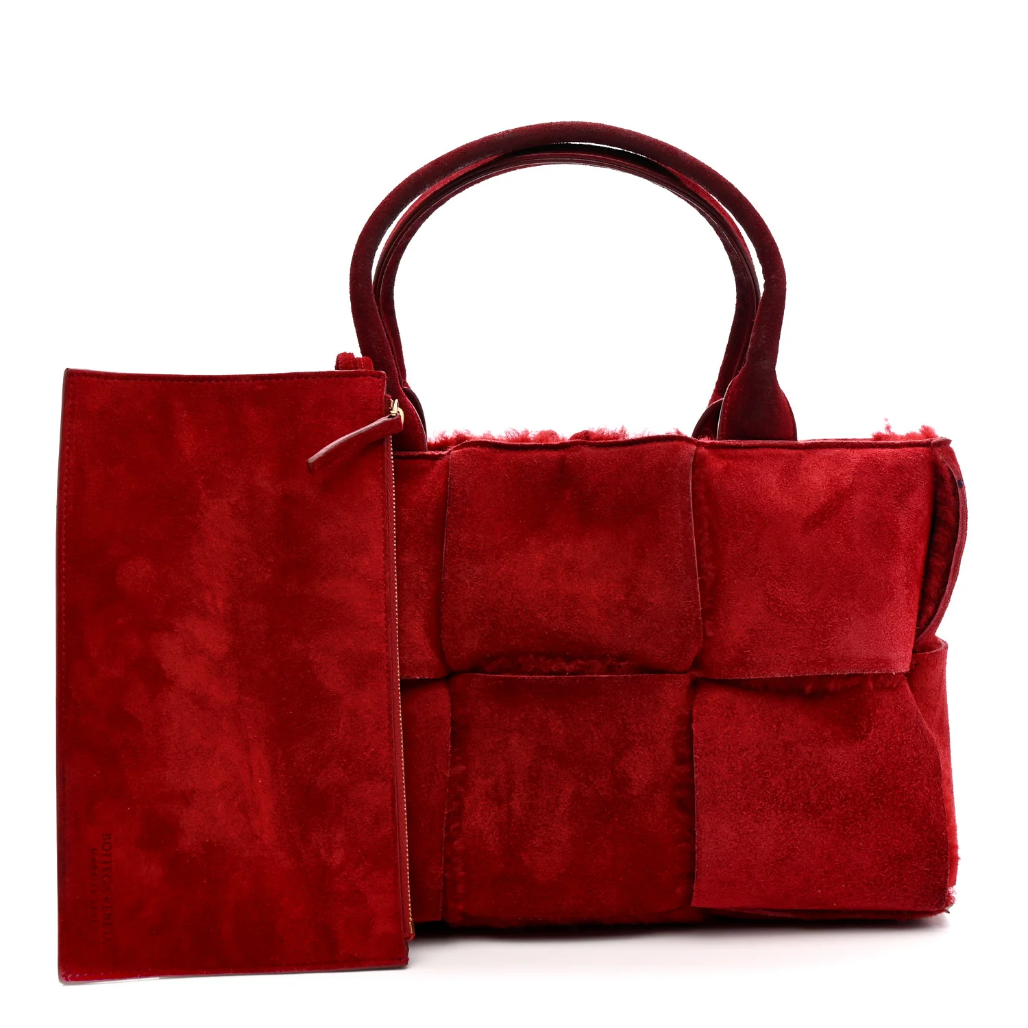 Suede Shearling Maxi Intrecciato Small Arco Tote Red - Image 3