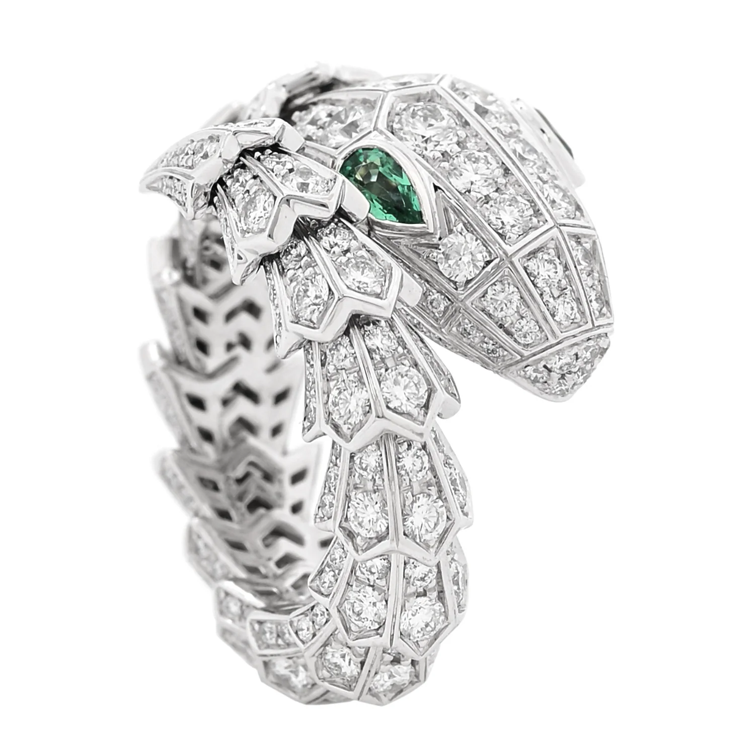 18K White Gold Diamond Emerald Serpenti Pave Ring S